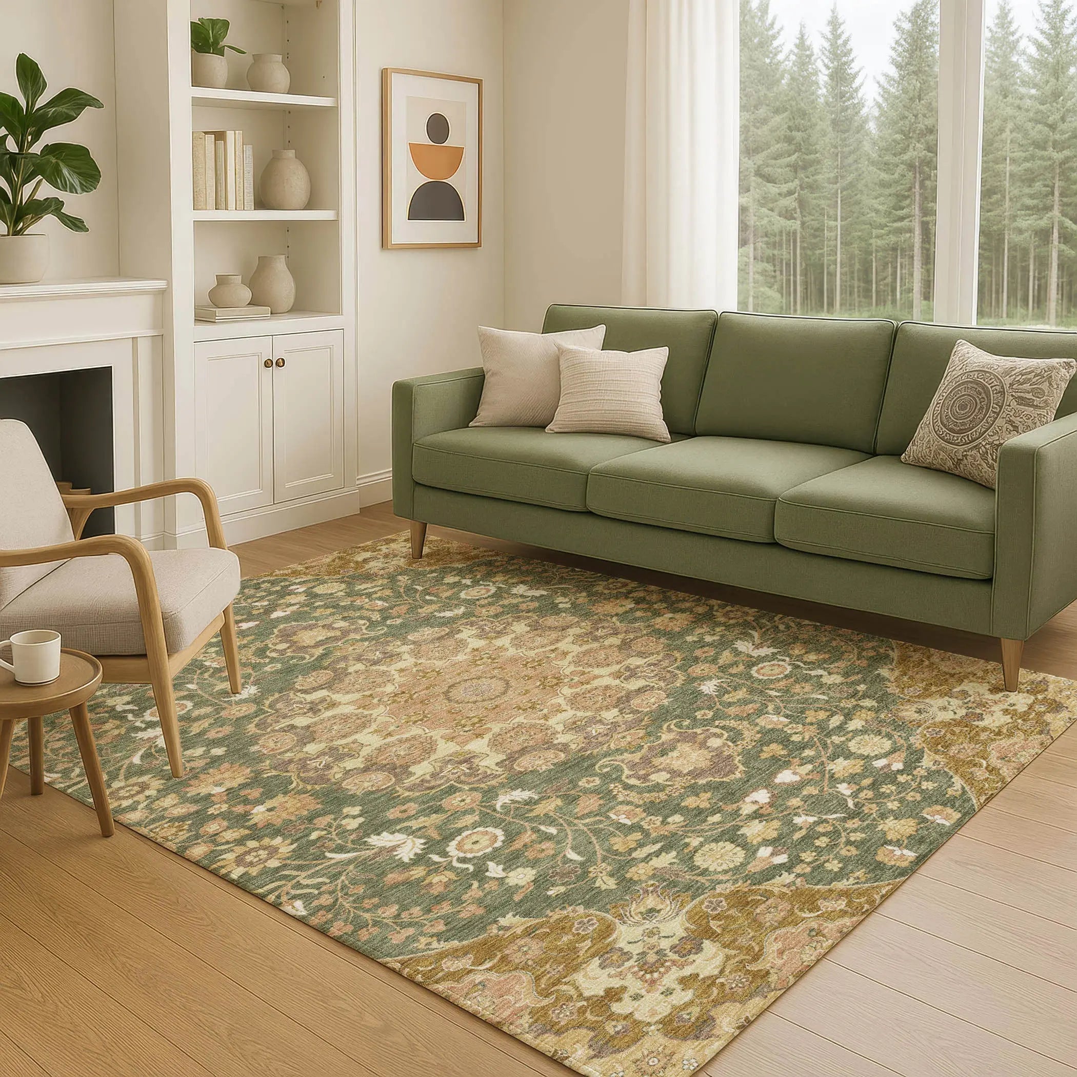 5' X 8' Olive Green And Green Damask Washable Indoor Outdoor Area Rug Homeroots Outdoor