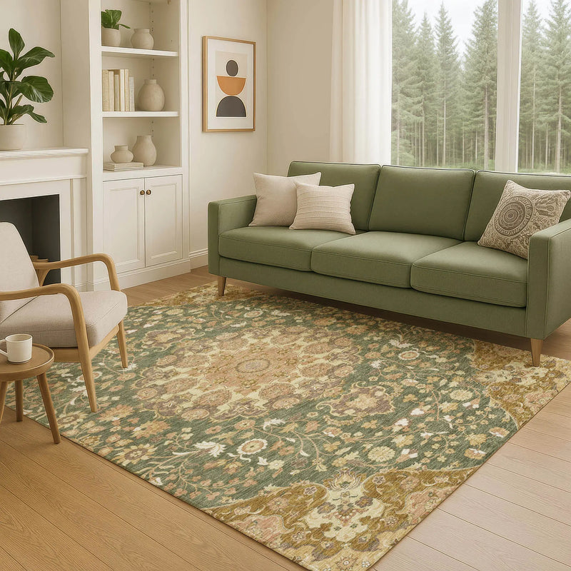 5' X 8' Olive Green And Green Damask Washable Indoor Outdoor Area Rug Homeroots Outdoor