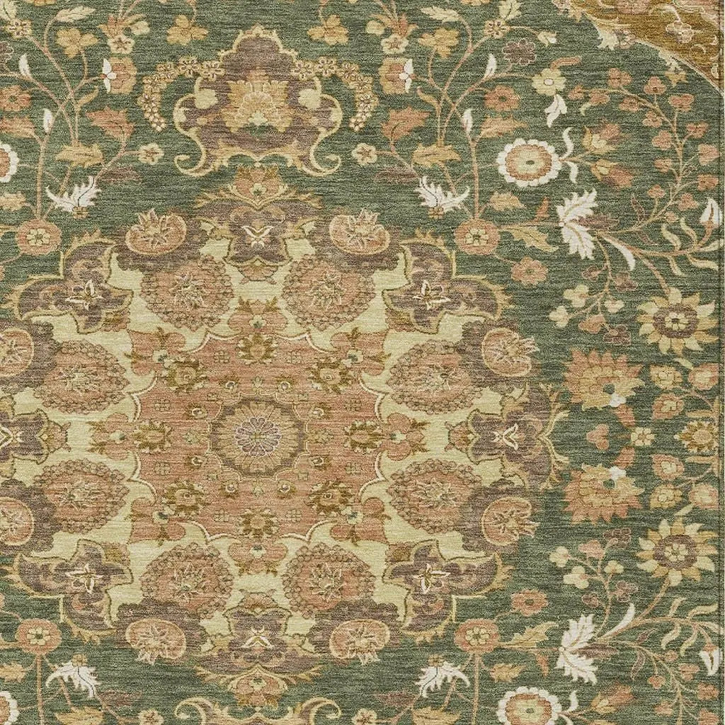 5' X 8' Olive Green And Green Damask Washable Indoor Outdoor Area Rug Homeroots Outdoor