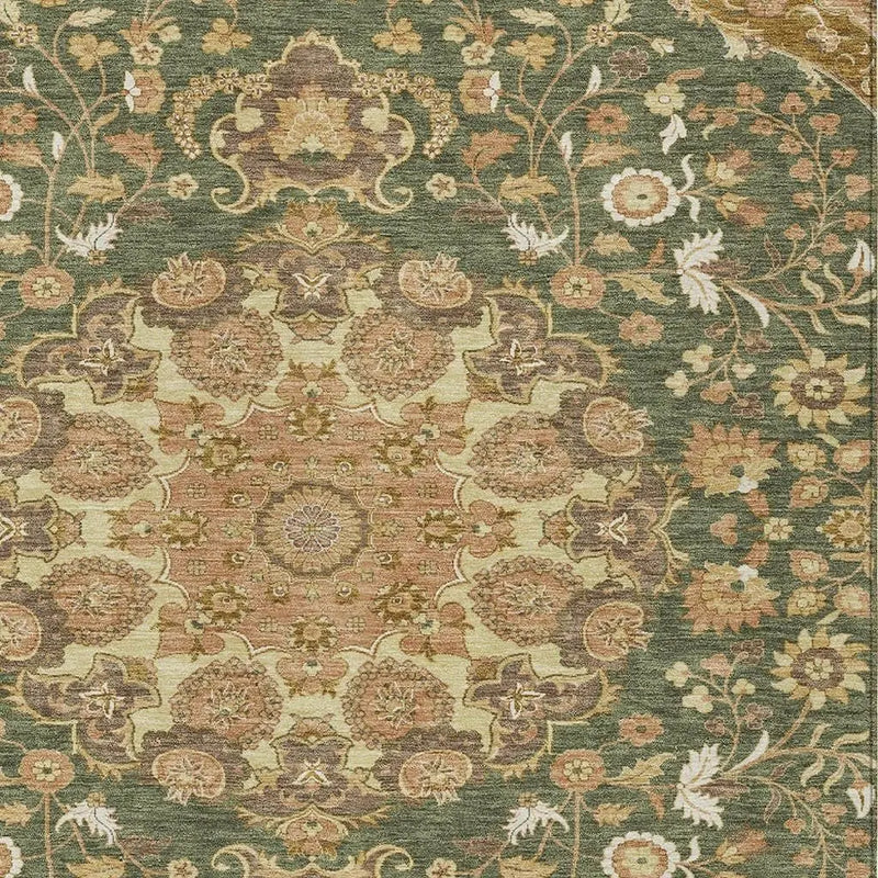 5' X 8' Olive Green And Green Damask Washable Indoor Outdoor Area Rug Homeroots Outdoor