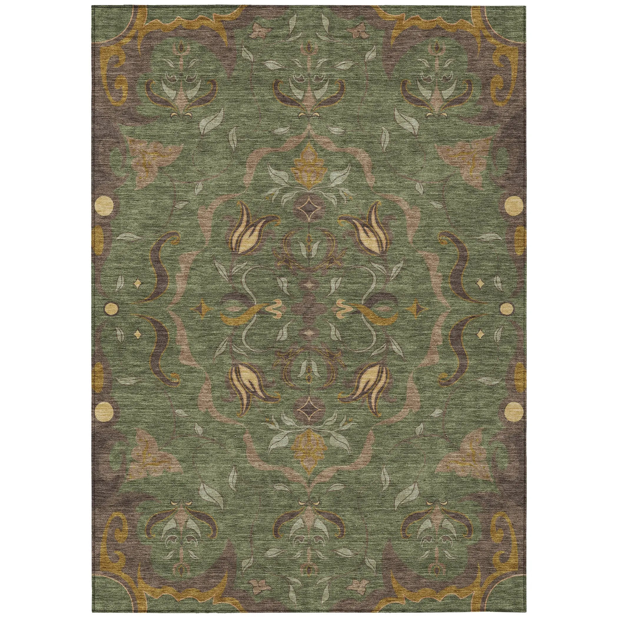 5' X 8' Olive Green And Green Damask Washable Indoor Outdoor Area Rug Homeroots Outdoor