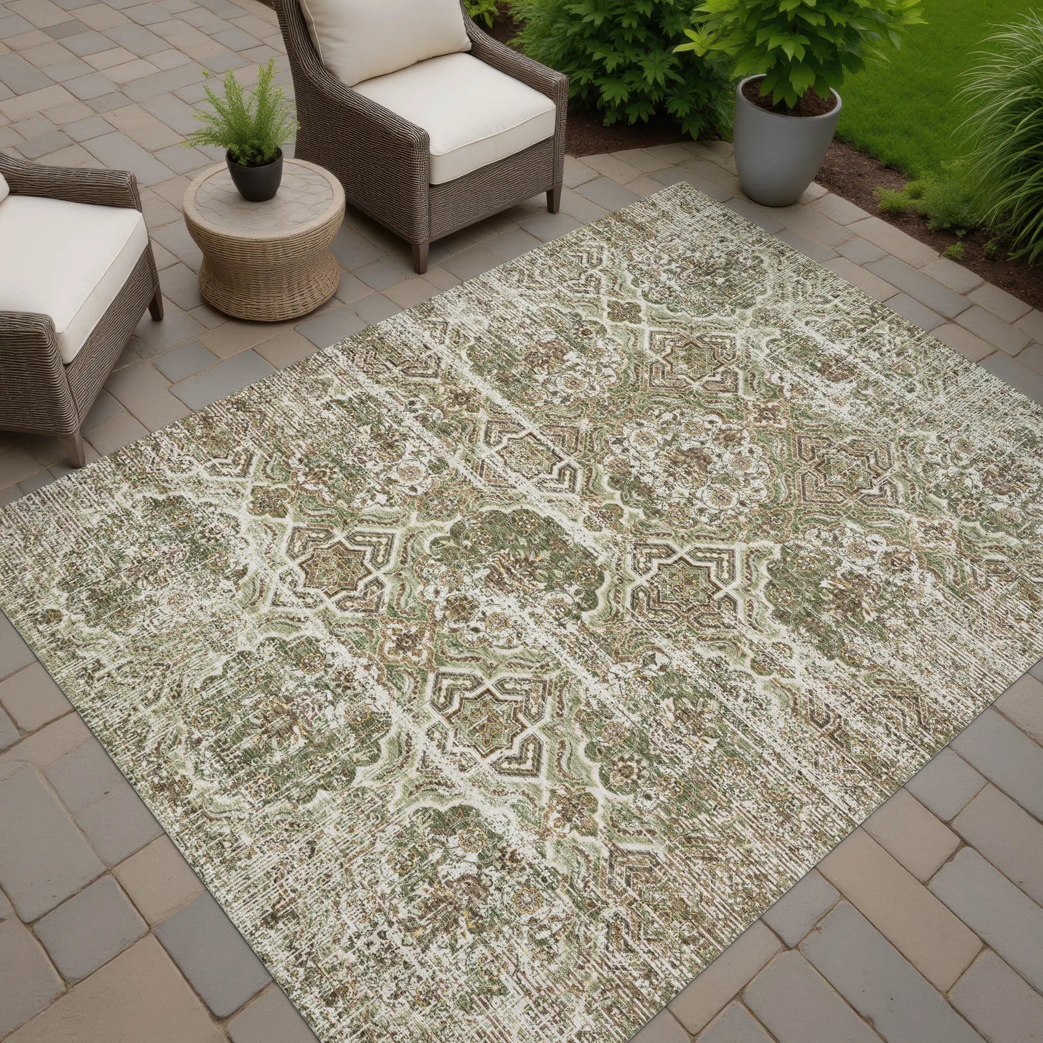 5' X 8' Olive Green And Green Floral Washable Indoor Outdoor Area Rug Homeroots Outdoor