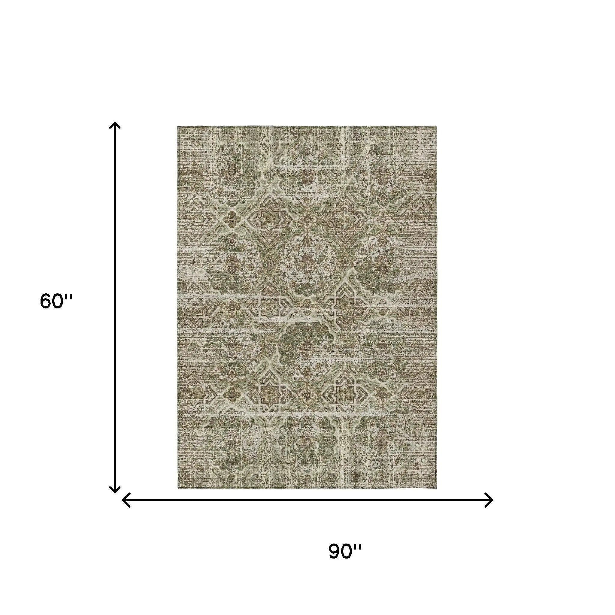 5' X 8' Olive Green And Green Floral Washable Indoor Outdoor Area Rug Homeroots Outdoor