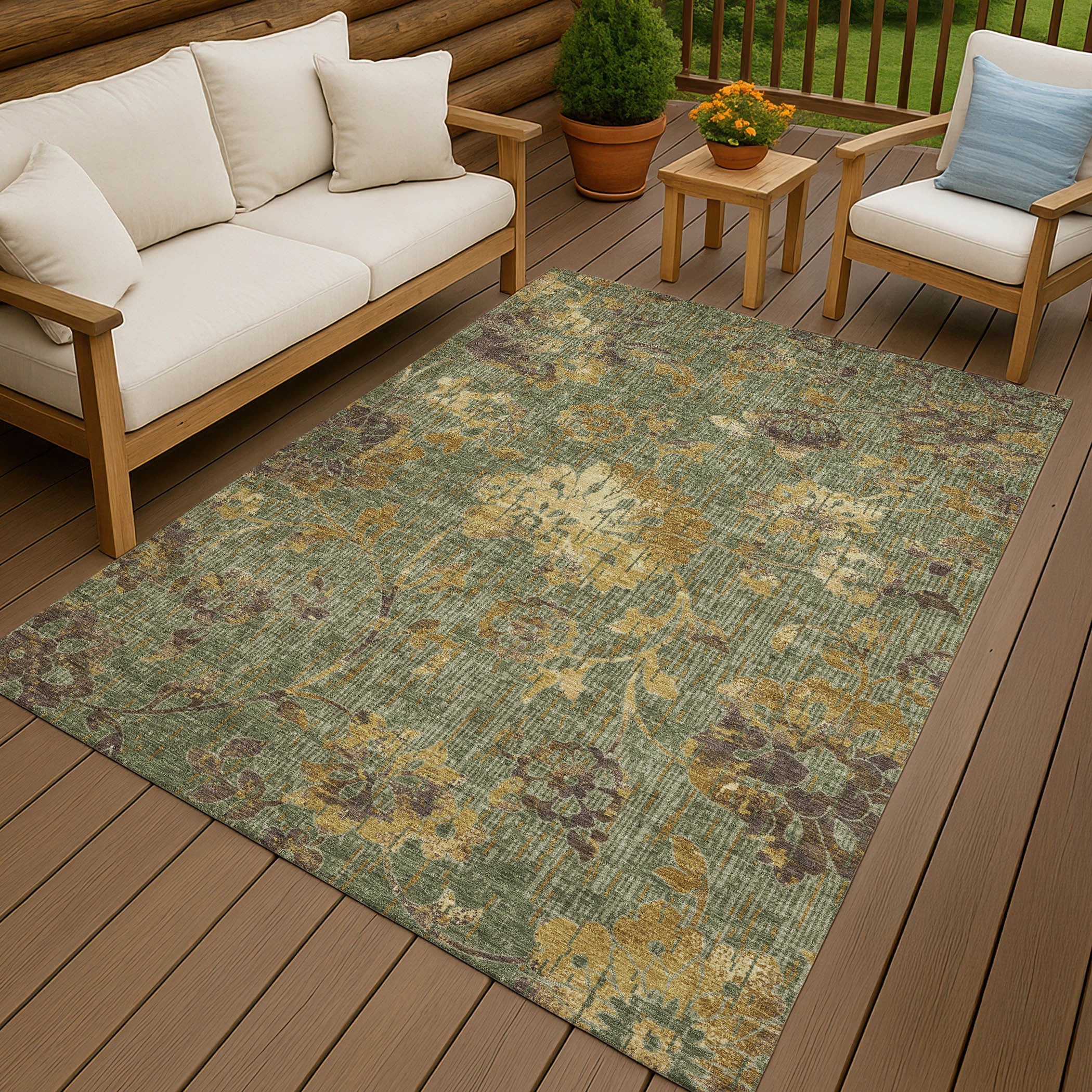 5' X 8' Olive Green And Green Floral Washable Indoor Outdoor Area Rug Homeroots Outdoor