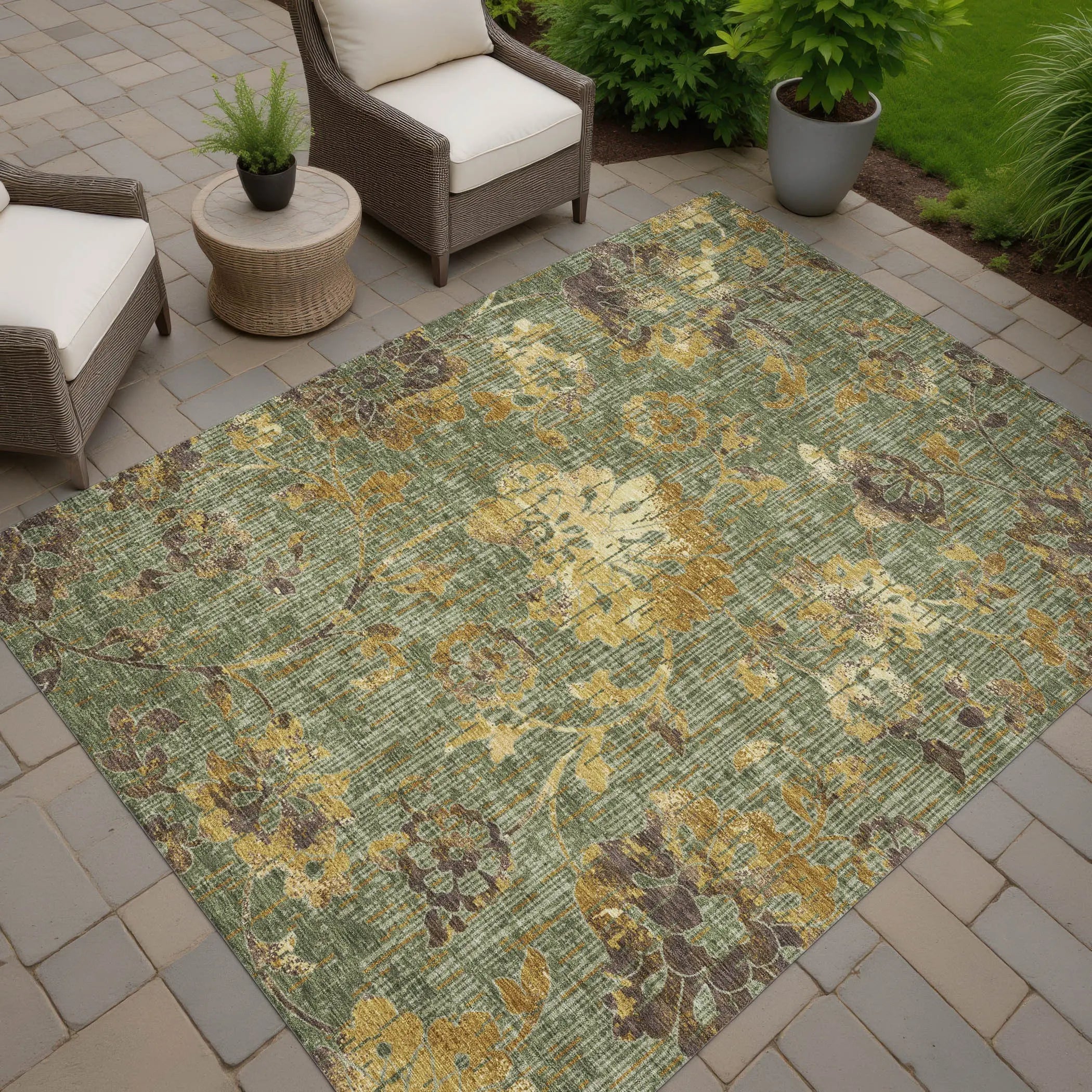 5' X 8' Olive Green And Green Floral Washable Indoor Outdoor Area Rug Homeroots Outdoor
