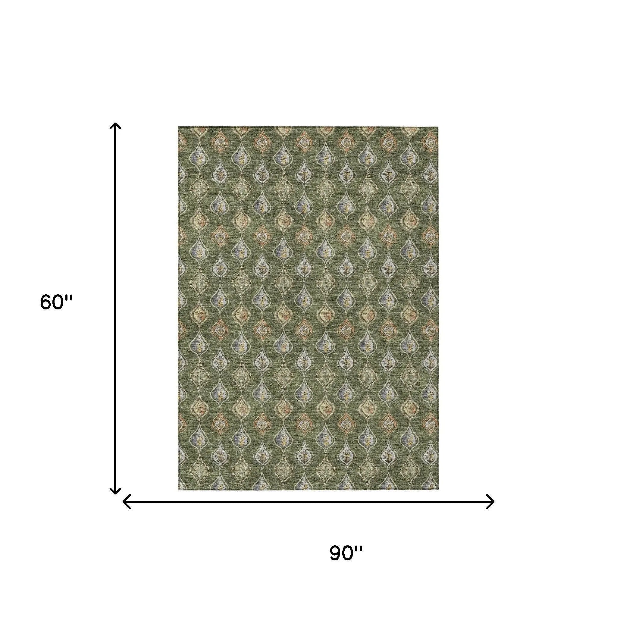 5' X 8' Olive Green And Green Floral Washable Indoor Outdoor Area Rug Homeroots Outdoor