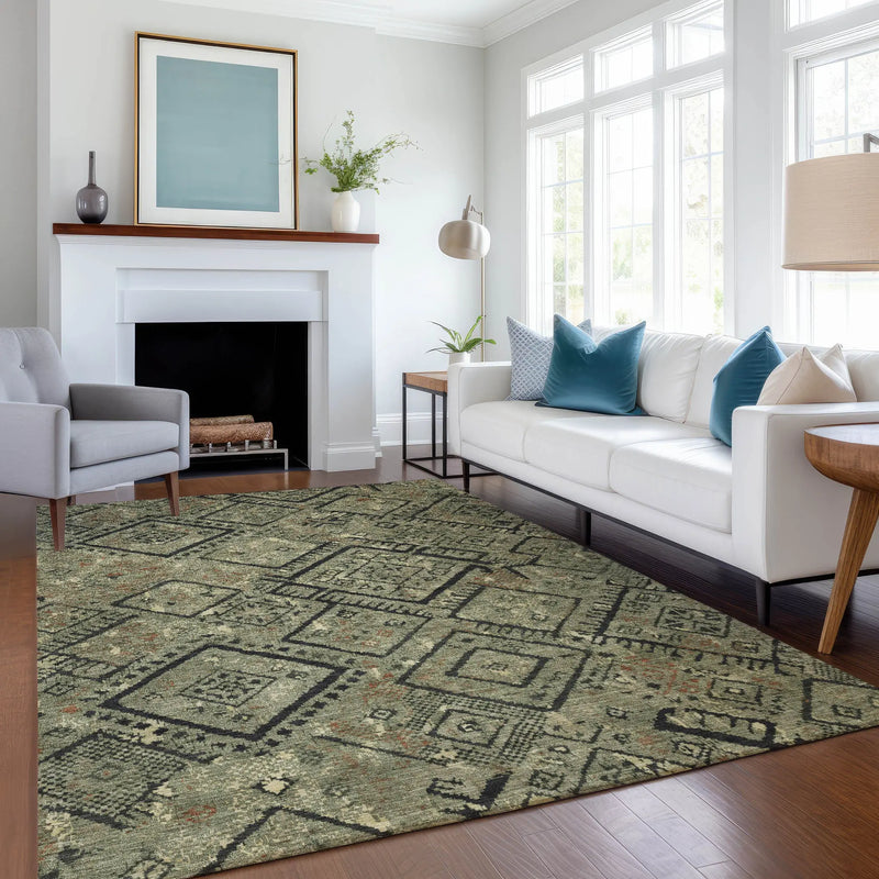 5' X 8' Olive Green And Green Geometric Washable Indoor Outdoor Area Rug Homeroots Outdoor