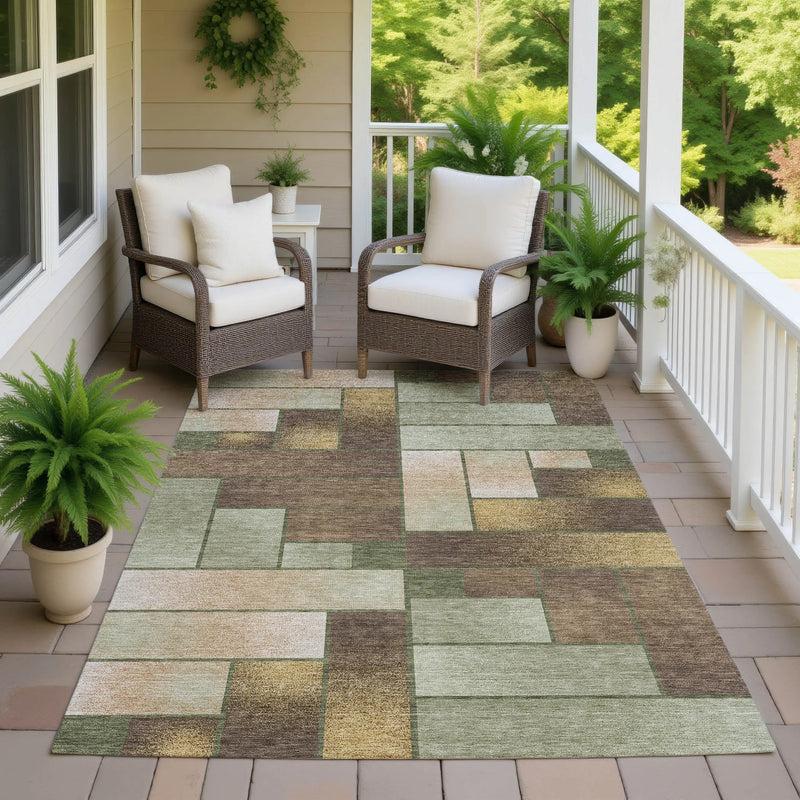 5' X 8' Olive Green And Green Geometric Washable Indoor Outdoor Area Rug Homeroots Outdoor