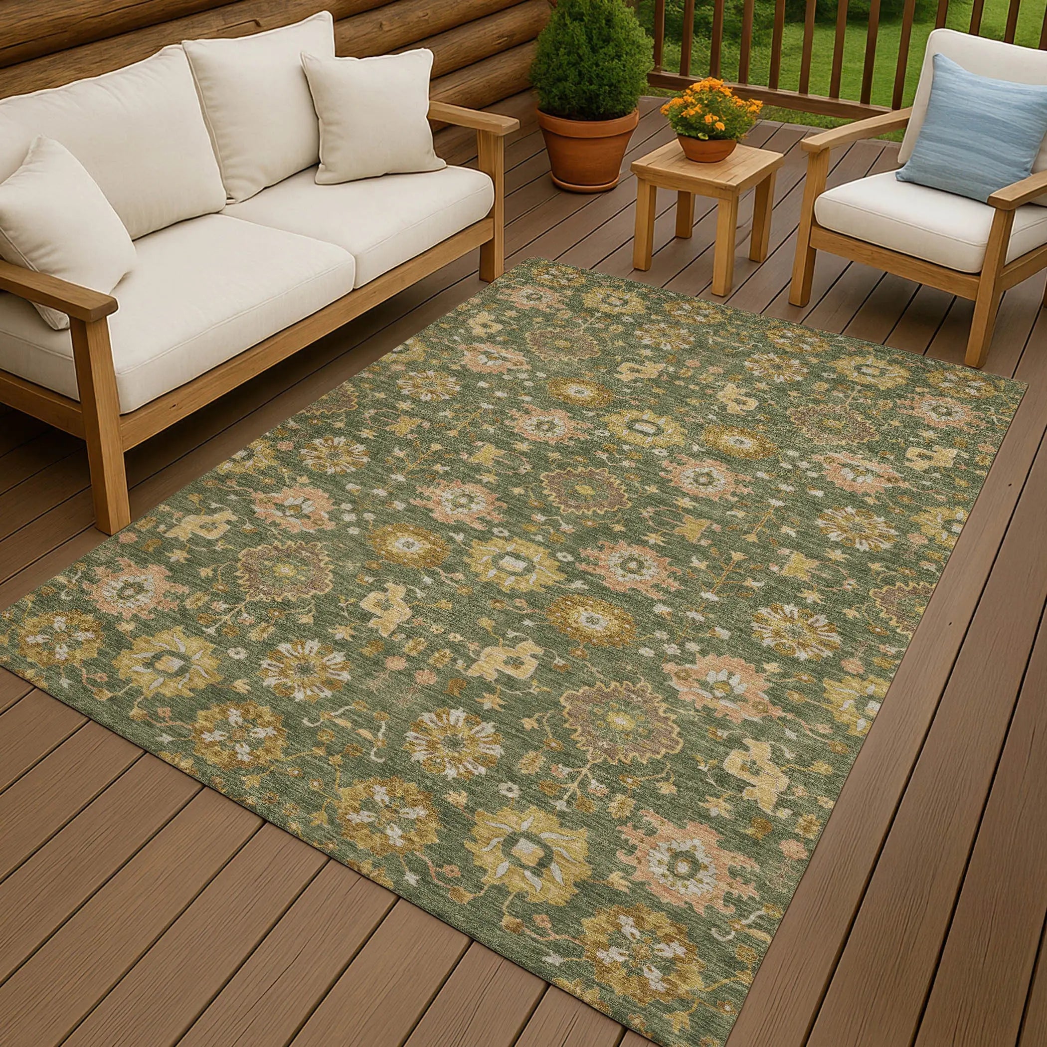 5' X 8' Olive Green And Green Geometric Washable Indoor Outdoor Area Rug Homeroots Outdoor