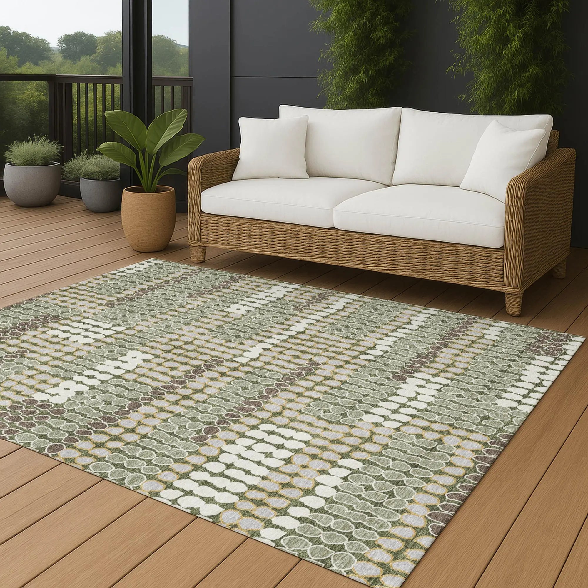 5' X 8' Olive Green And Green Geometric Washable Indoor Outdoor Area Rug Homeroots Outdoor
