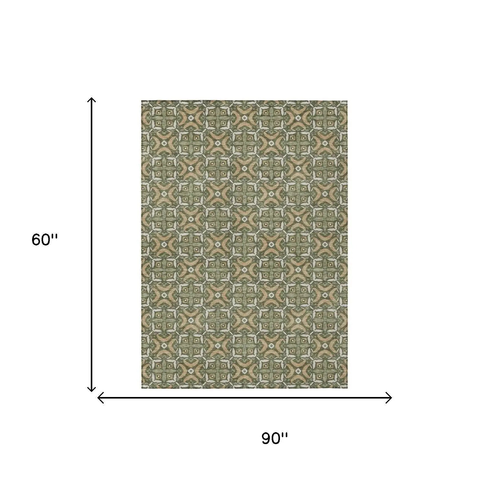 5' X 8' Olive Green And Green Geometric Washable Indoor Outdoor Area Rug Homeroots Outdoor