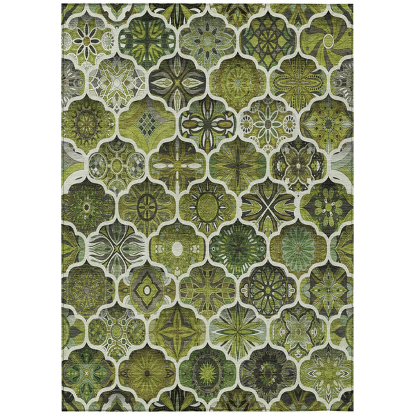 5' X 8' Olive Green And Green Ogee Washable Indoor Outdoor Area Rug Homeroots Outdoor