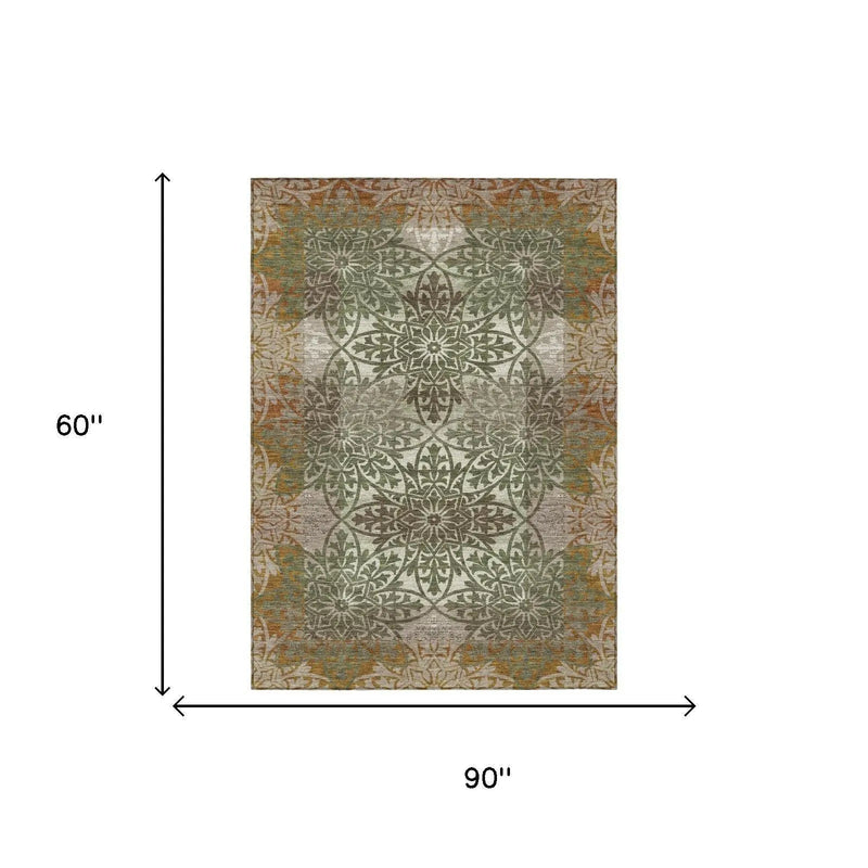 5' X 8' Olive Green And Green Oriental Washable Indoor Outdoor Area Rug Homeroots Outdoor