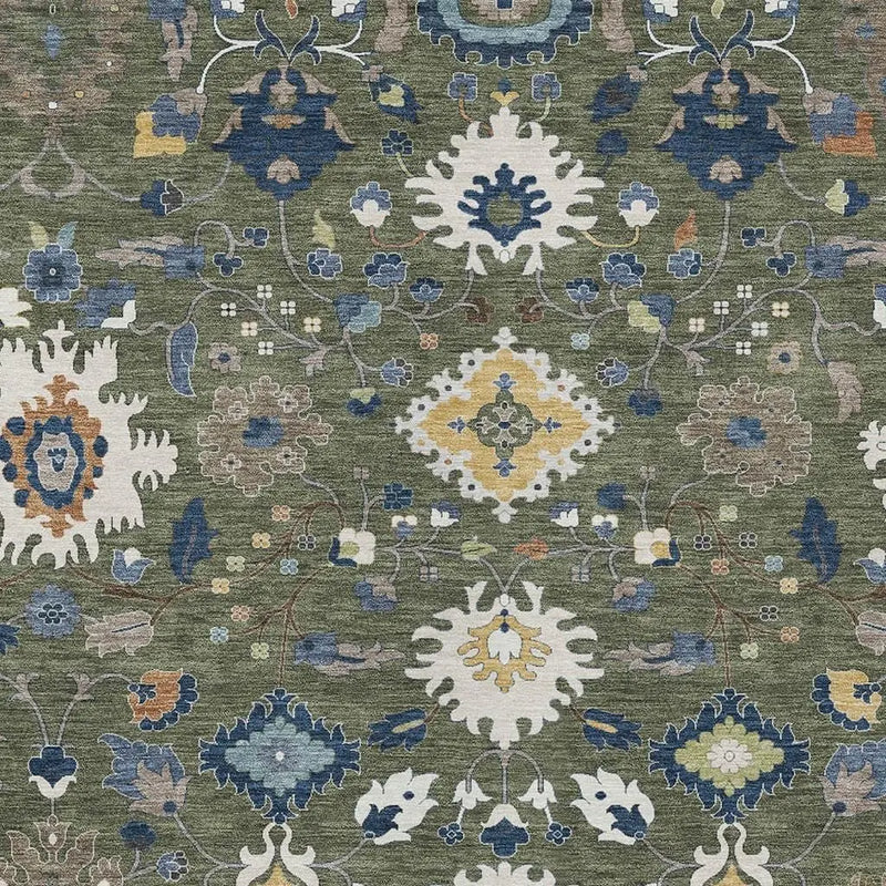 5' X 8' Olive Green And Ivory Floral Medallion Washable Indoor Outdoor Area Rug Homeroots Outdoor