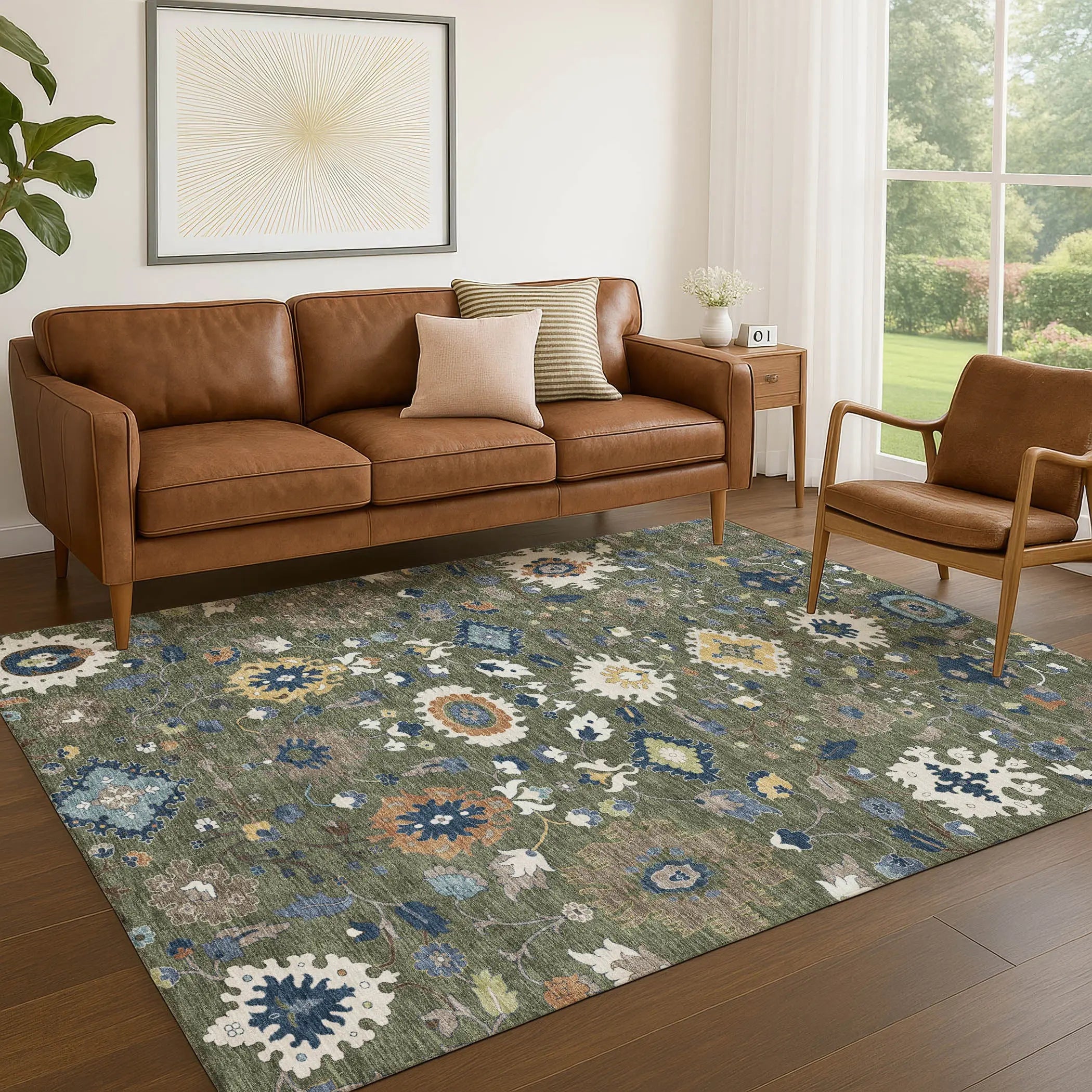 5' X 8' Olive Green And Ivory Floral Medallion Washable Indoor Outdoor Area Rug Homeroots Outdoor