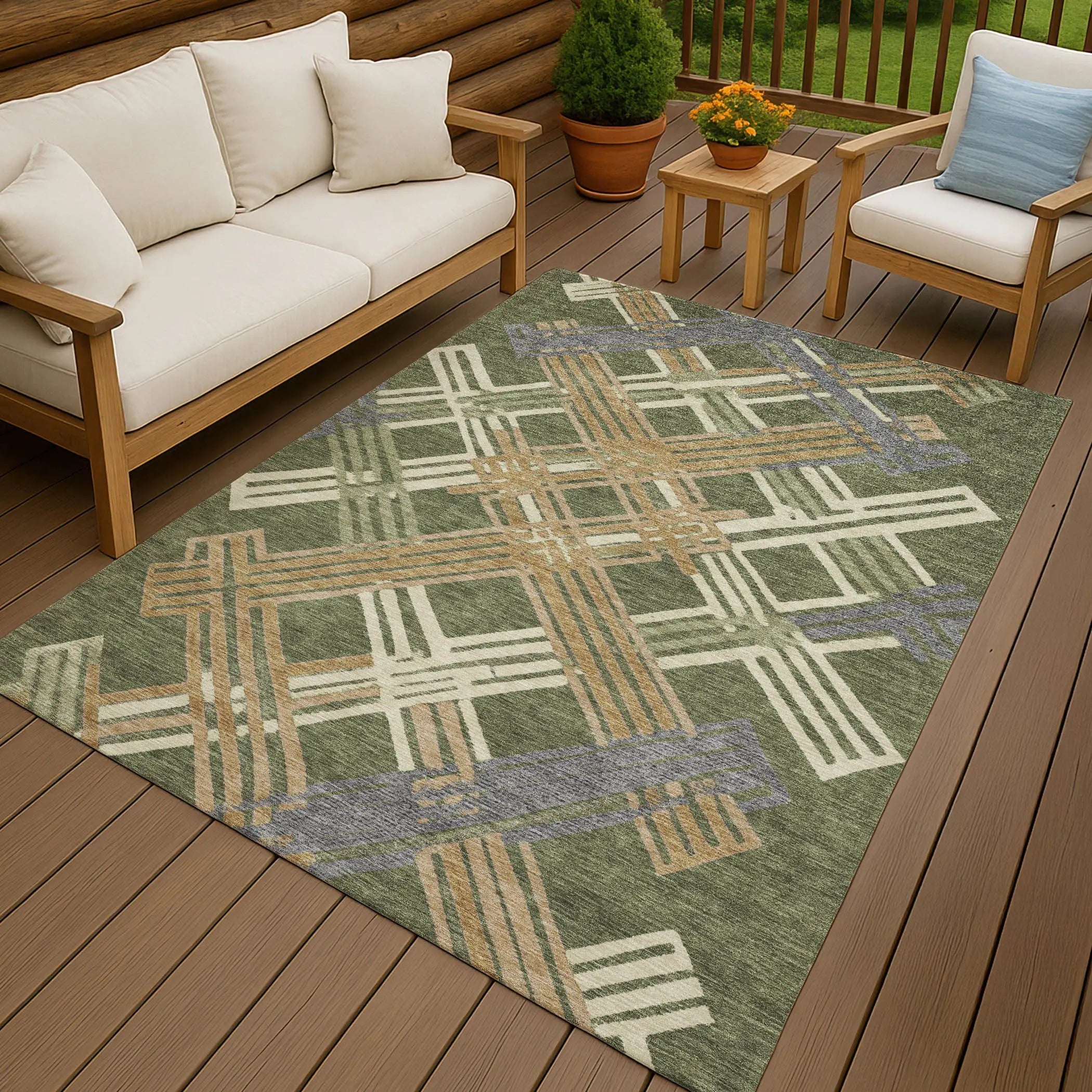 5' X 8' Olive Green And Ivory Geometric Washable Indoor Outdoor Area Rug Homeroots Outdoor