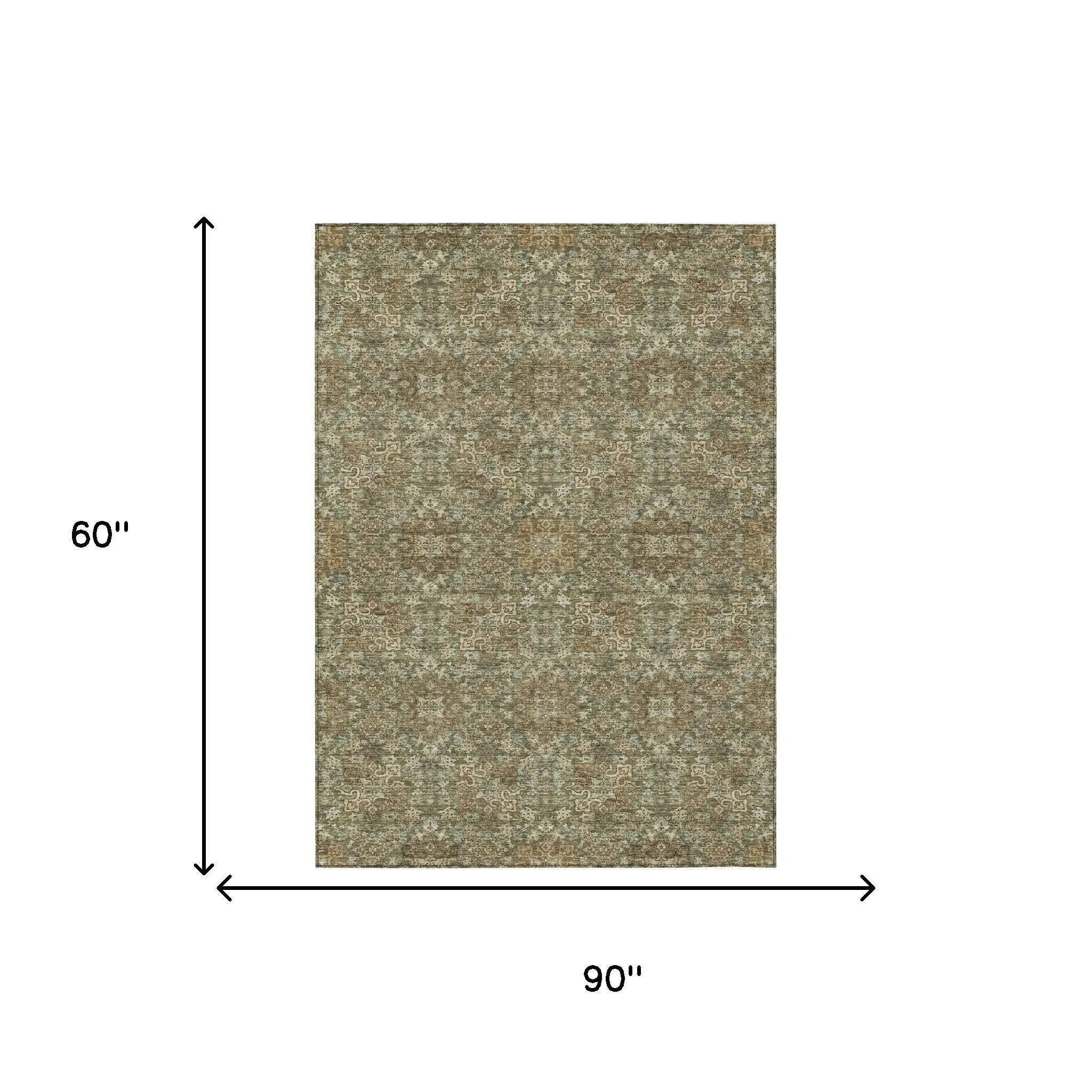 5' X 8' Olive Green And Ivory Oriental Washable Indoor Outdoor Area Rug Homeroots Outdoor