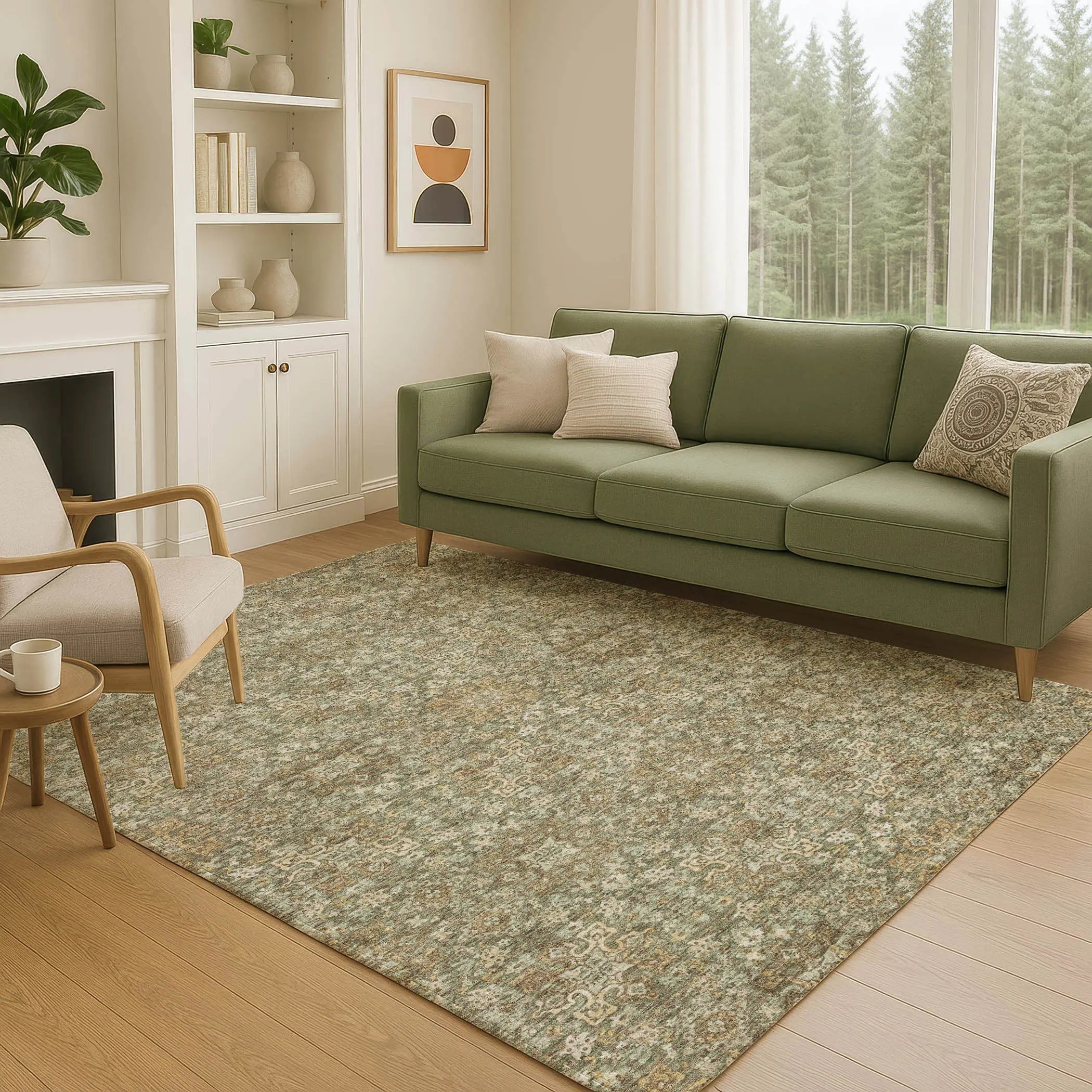 5' X 8' Olive Green And Ivory Oriental Washable Indoor Outdoor Area Rug Homeroots Outdoor