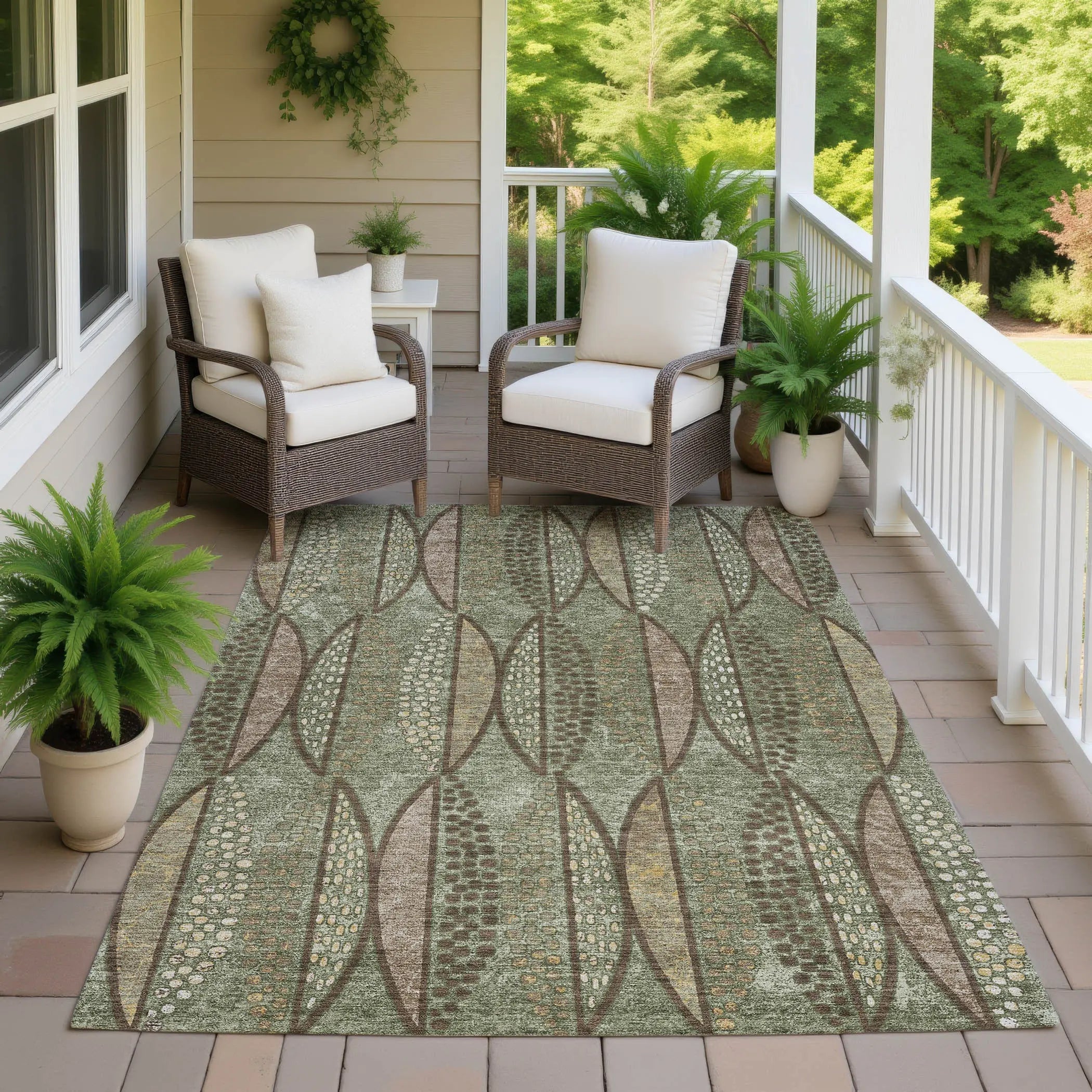 5' X 8' Olive Green And Linen Geometric Washable Indoor Outdoor Area Rug Homeroots Outdoor