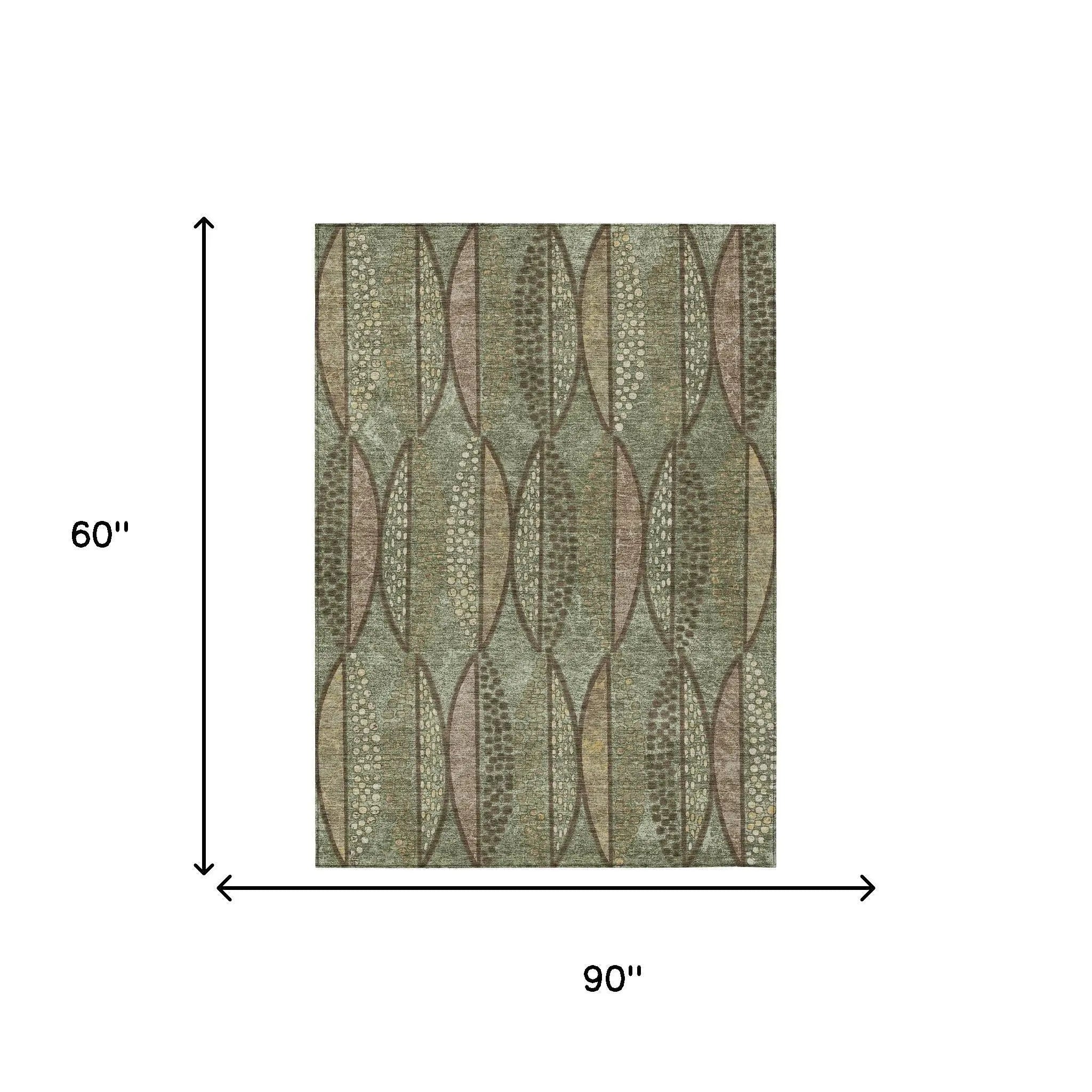5' X 8' Olive Green And Linen Geometric Washable Indoor Outdoor Area Rug Homeroots Outdoor