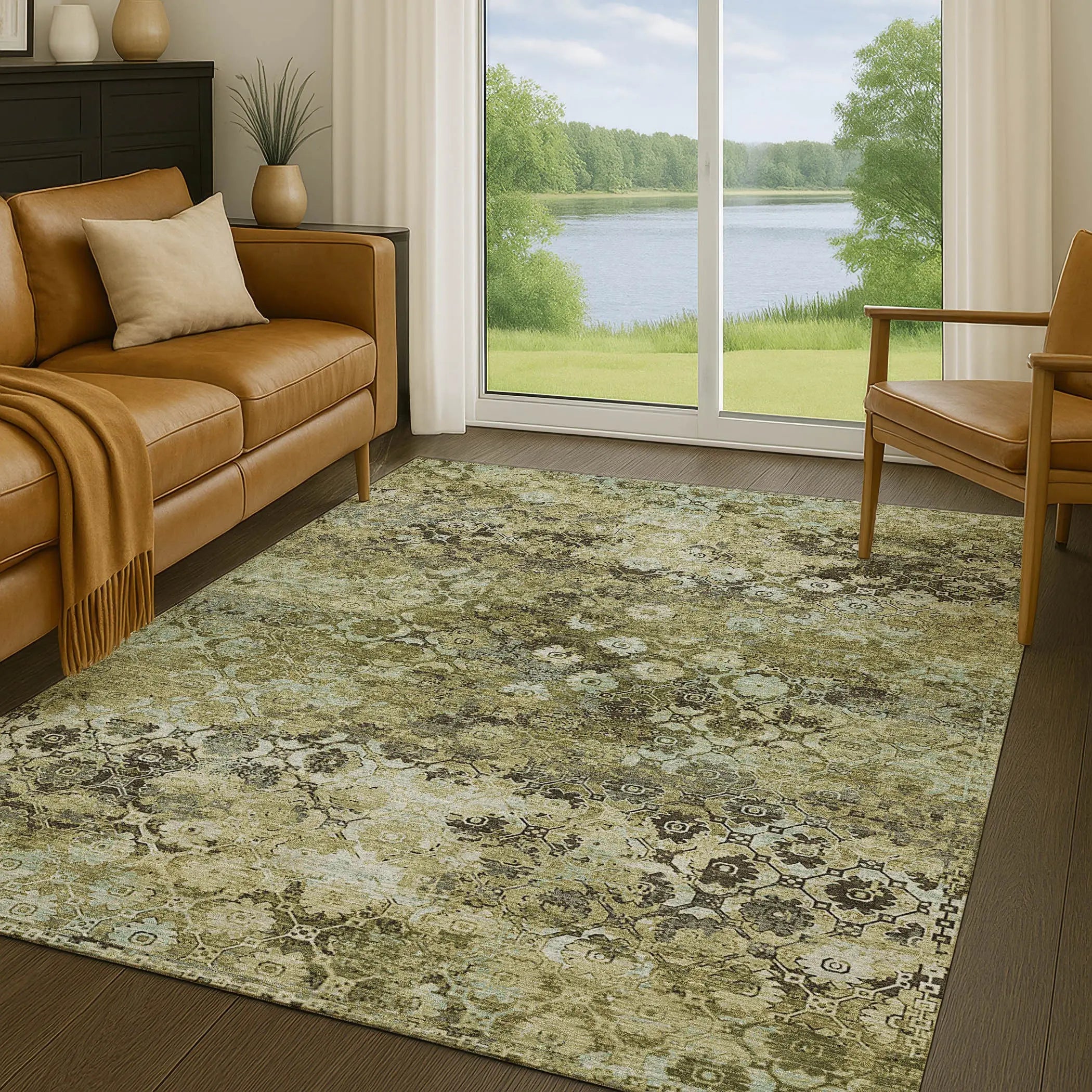 5' X 8' Olive Green And Mint Green Abstract Washable Indoor Outdoor Area Rug Homeroots Outdoor
