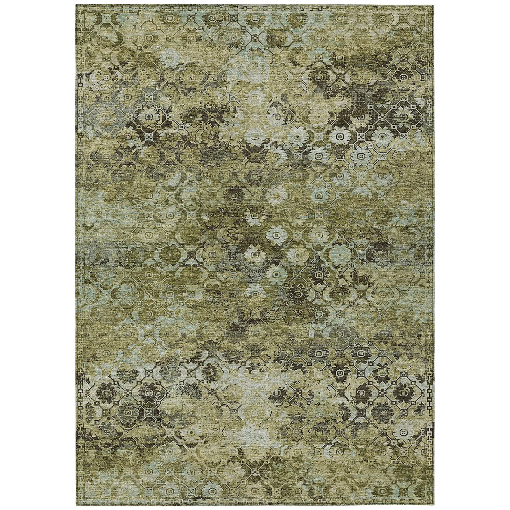 5' X 8' Olive Green And Mint Green Abstract Washable Indoor Outdoor Area Rug Homeroots Outdoor