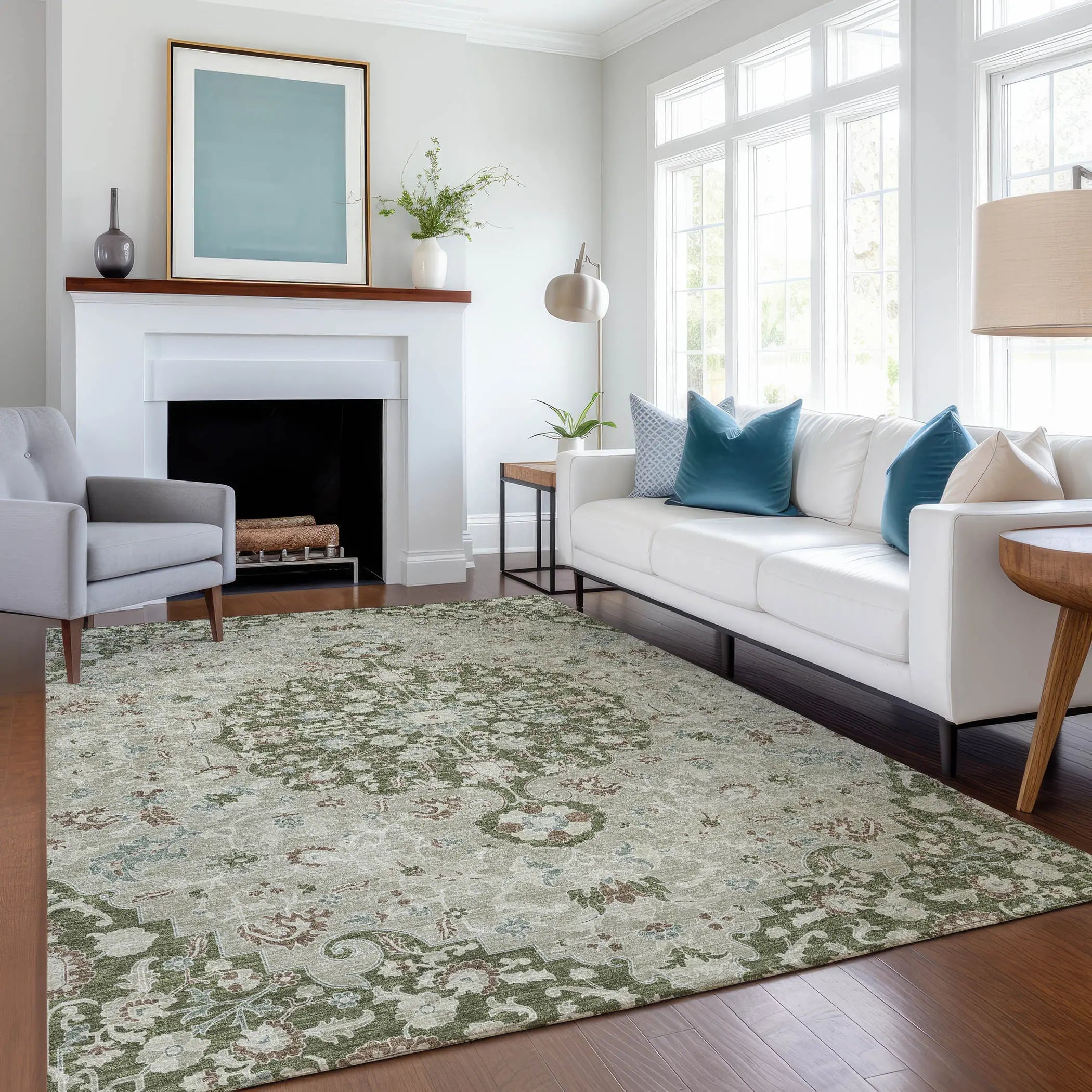 5' X 8' Olive Green And Sage Floral Medallion Washable Indoor Outdoor Area Rug Homeroots Outdoor