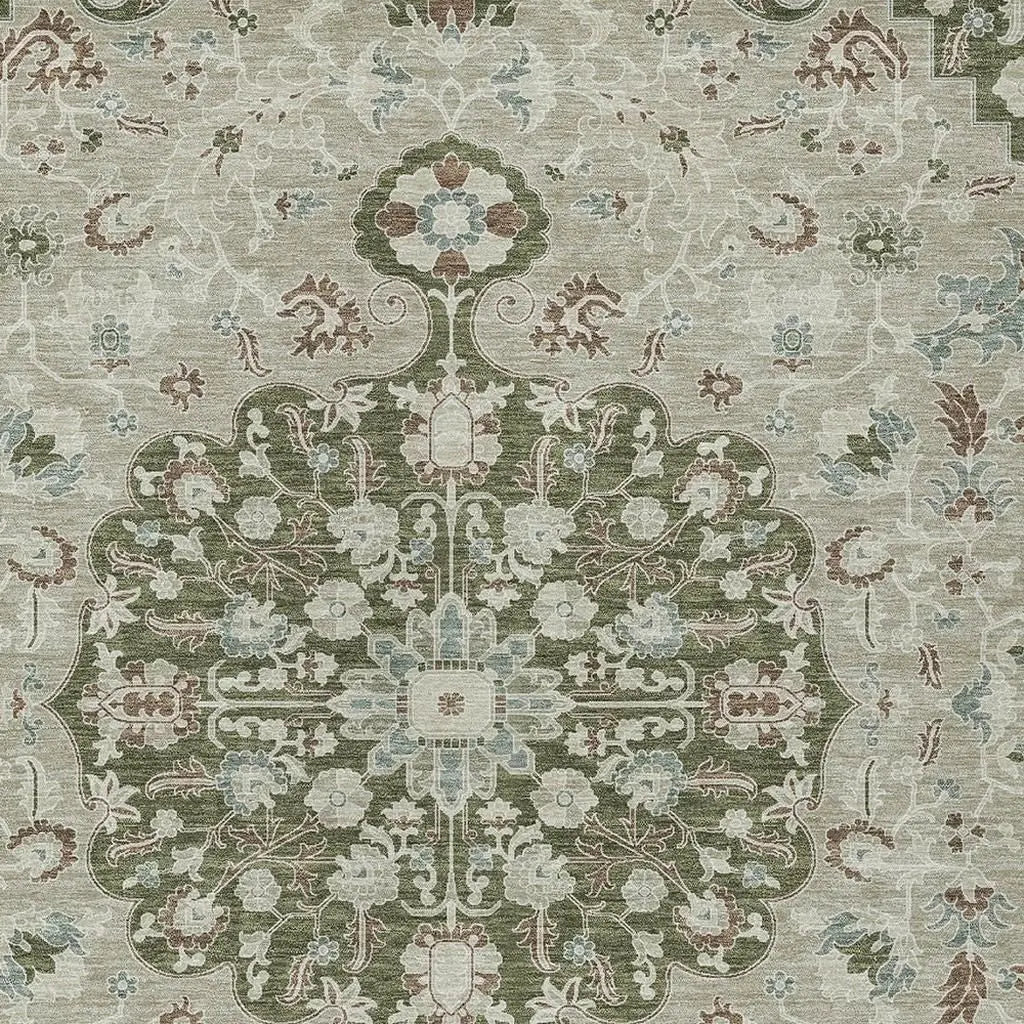 5' X 8' Olive Green And Sage Floral Medallion Washable Indoor Outdoor Area Rug Homeroots Outdoor