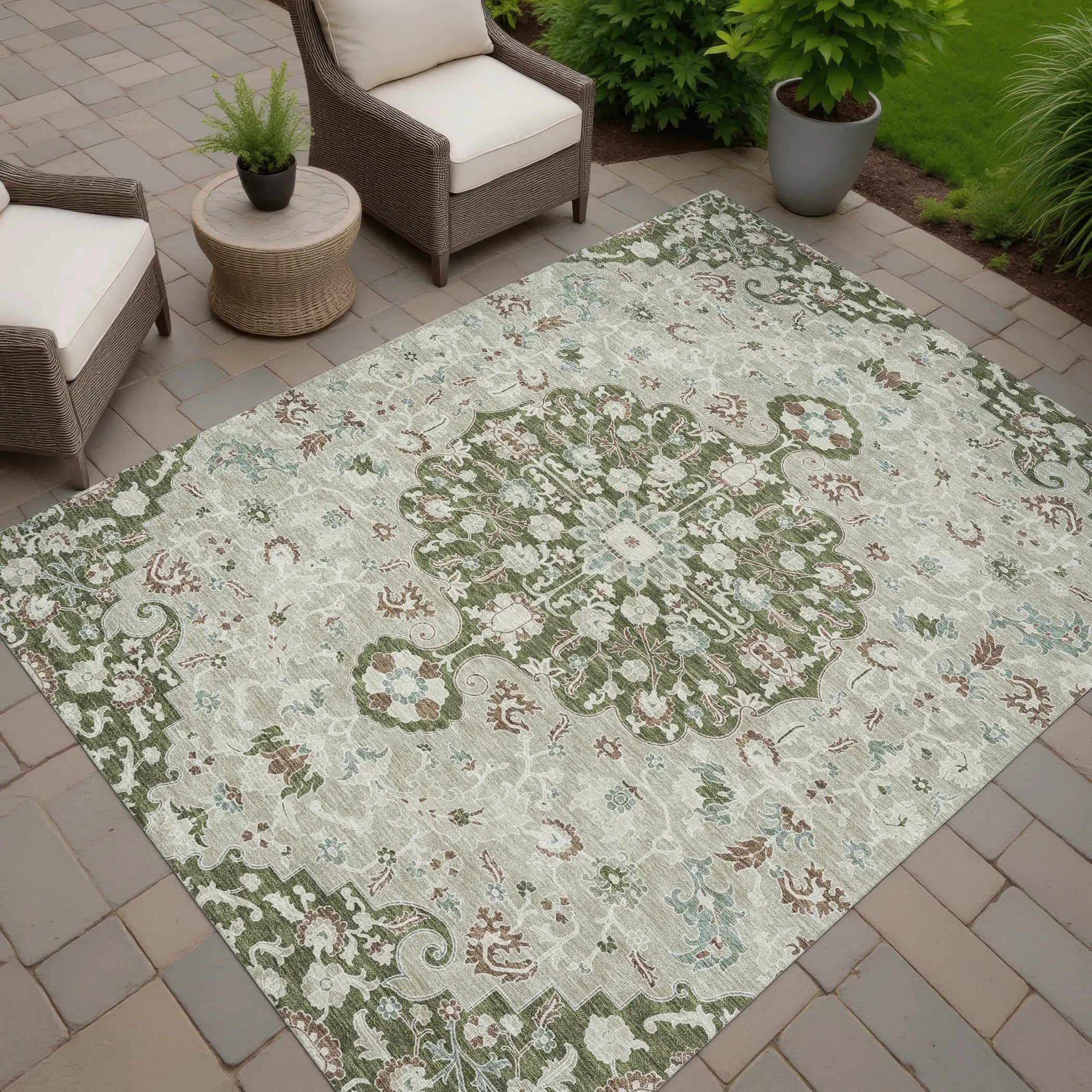 5' X 8' Olive Green And Sage Floral Medallion Washable Indoor Outdoor Area Rug Homeroots Outdoor