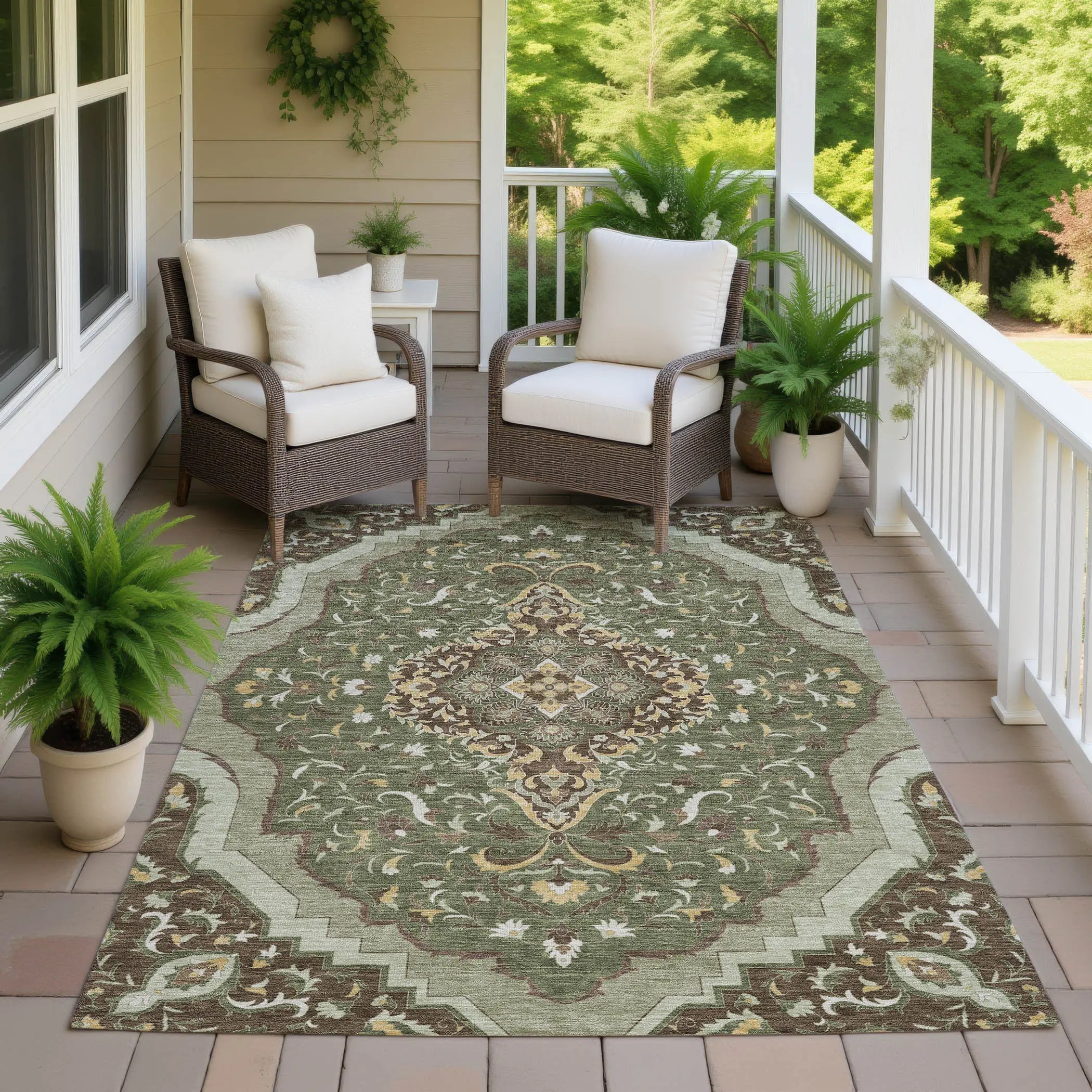 5' X 8' Olive Green And Taupe Medallion Washable Indoor Outdoor Area Rug Homeroots Outdoor