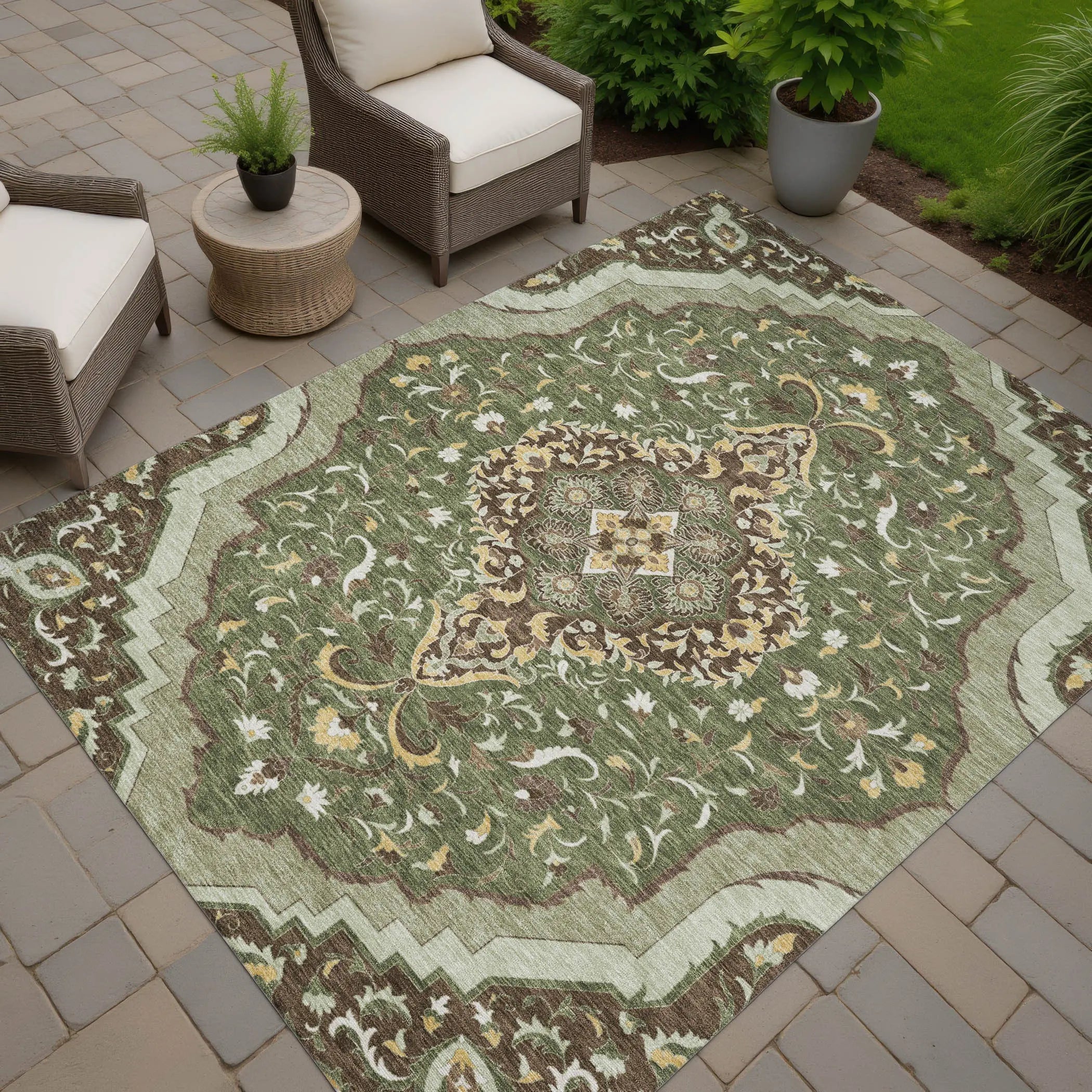 5' X 8' Olive Green And Taupe Medallion Washable Indoor Outdoor Area Rug Homeroots Outdoor