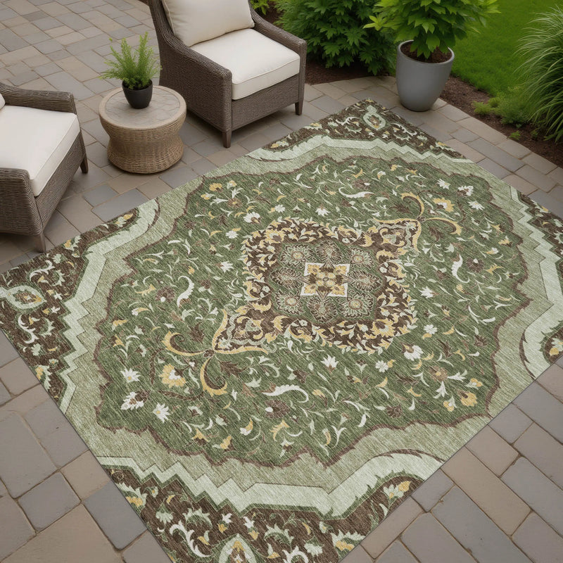 5' X 8' Olive Green And Taupe Medallion Washable Indoor Outdoor Area Rug Homeroots Outdoor
