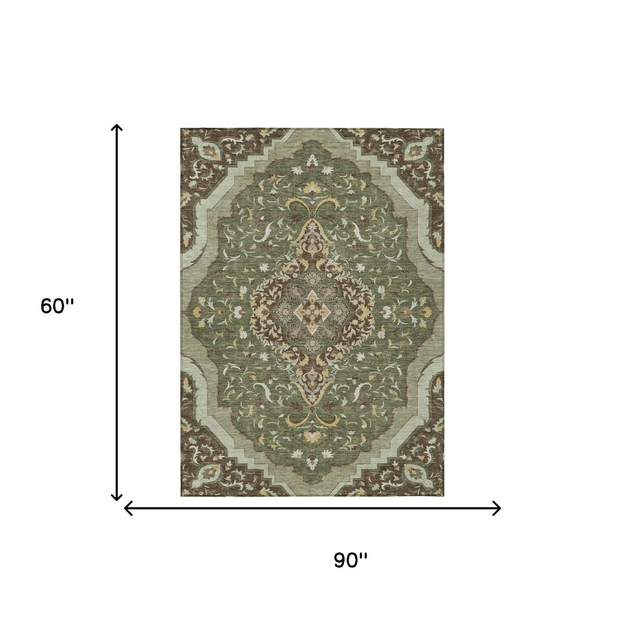 5' X 8' Olive Green And Taupe Medallion Washable Indoor Outdoor Area Rug Homeroots Outdoor