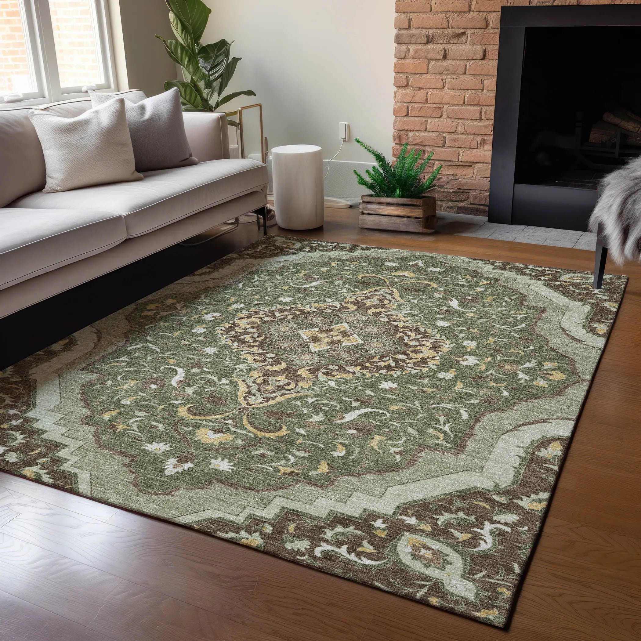 5' X 8' Olive Green And Taupe Medallion Washable Indoor Outdoor Area Rug Homeroots Outdoor