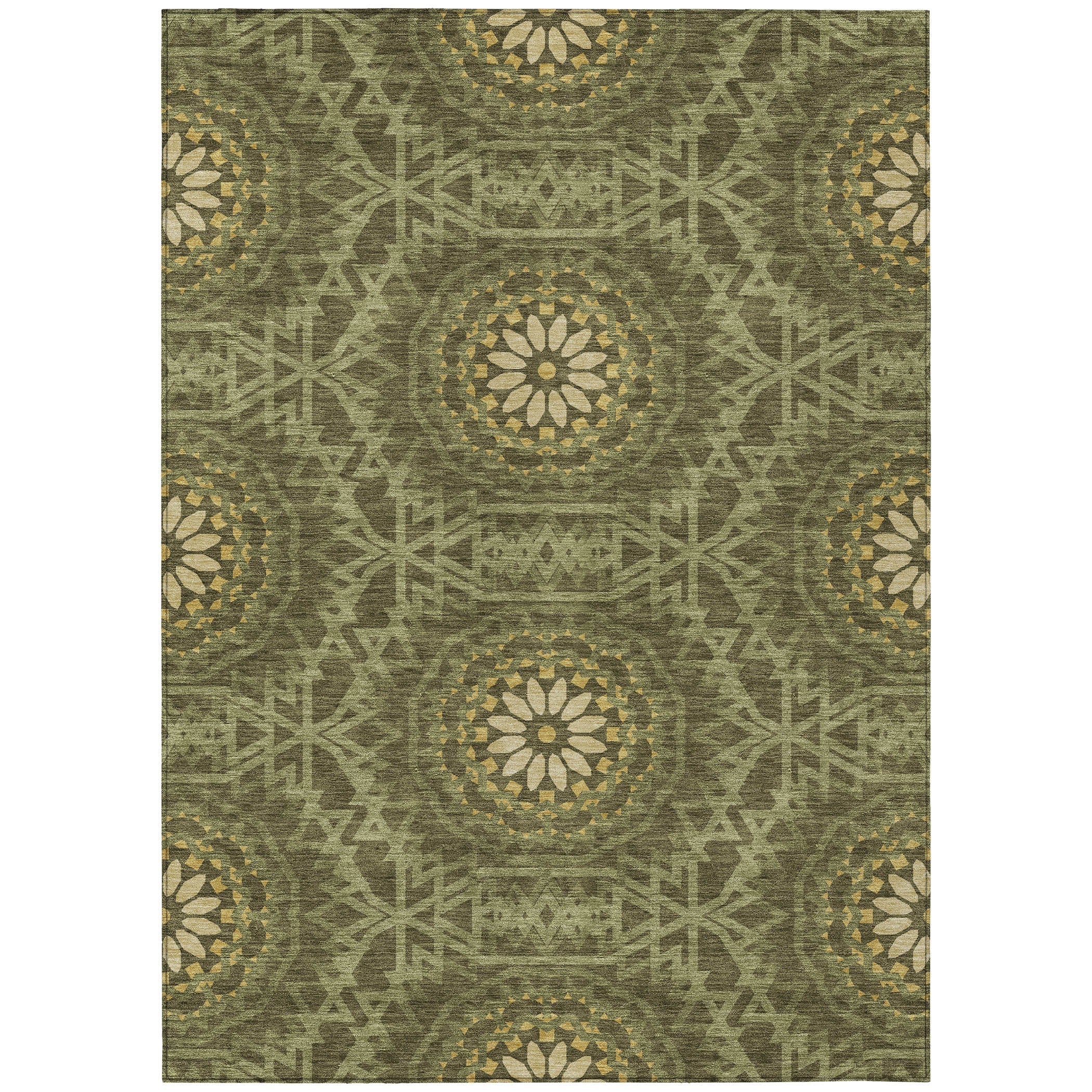 5' X 8' Olive Green Artichoke Green And Gold Floral Medallion Washable Indoor Outdoor Area Rug Homeroots Outdoor