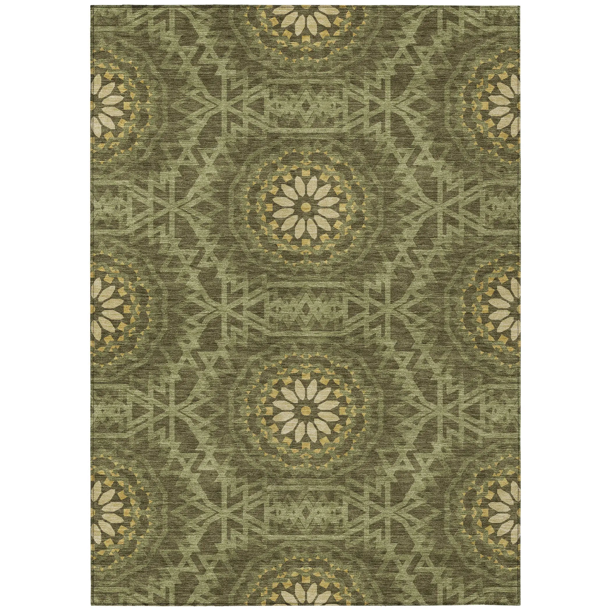 5' X 8' Olive Green Artichoke Green And Gold Floral Medallion Washable Indoor Outdoor Area Rug Homeroots Outdoor