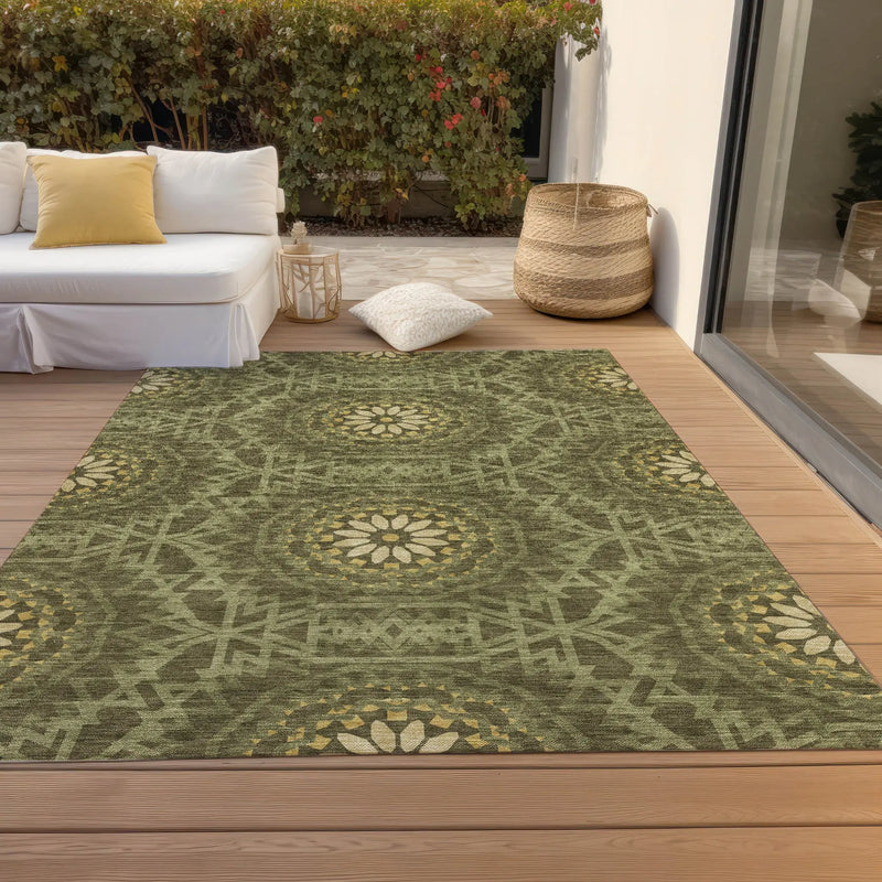 5' X 8' Olive Green Artichoke Green And Gold Floral Medallion Washable Indoor Outdoor Area Rug Homeroots Outdoor