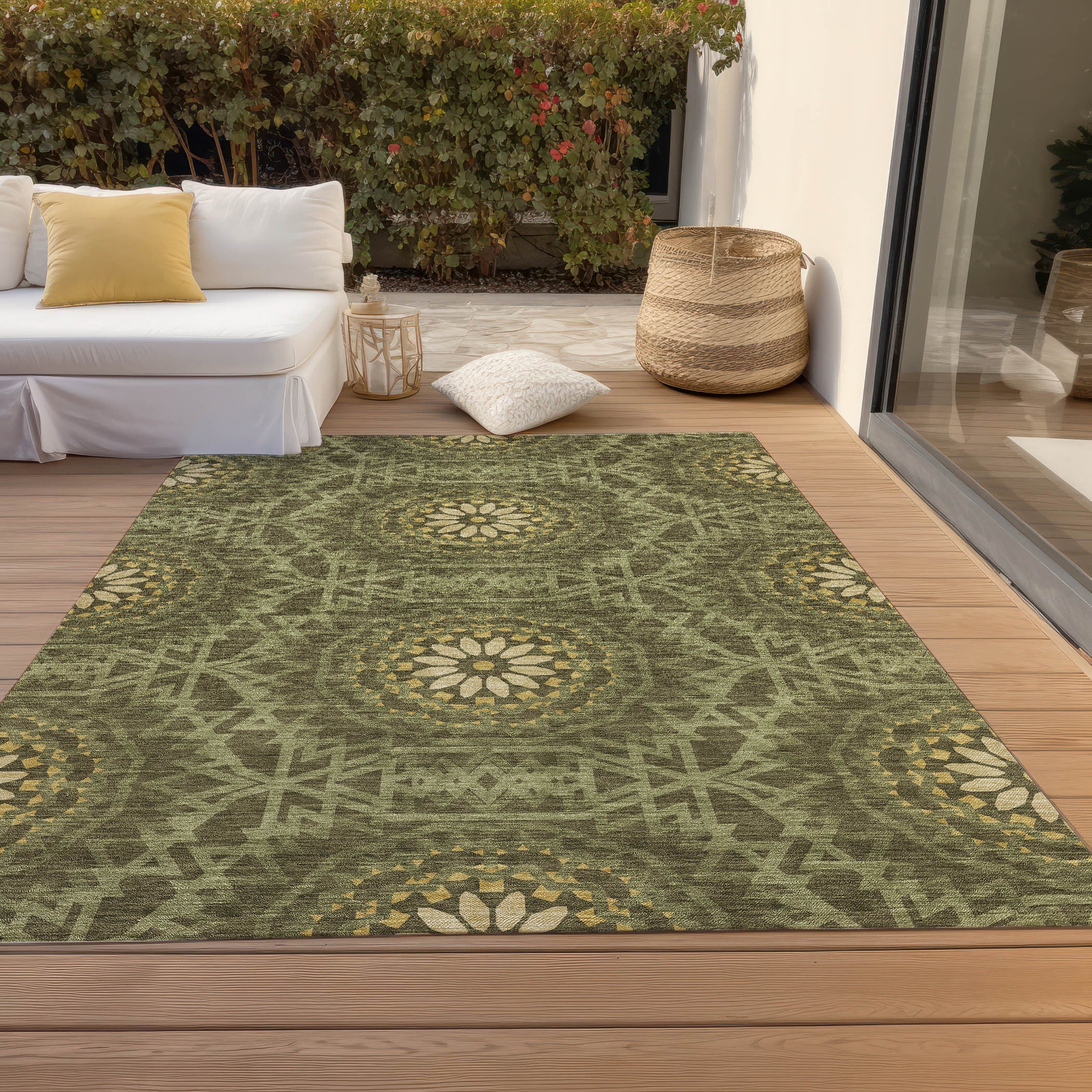 5' X 8' Olive Green Artichoke Green And Gold Floral Medallion Washable Indoor Outdoor Area Rug Homeroots Outdoor