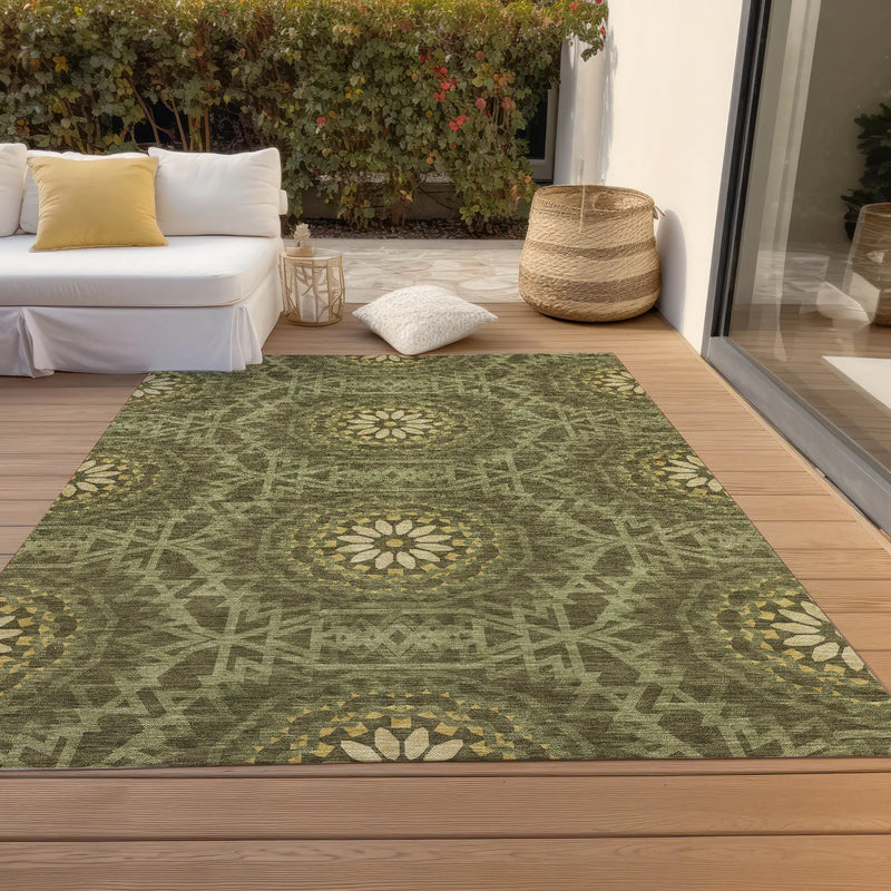 5' X 8' Olive Green Artichoke Green And Gold Floral Medallion Washable Indoor Outdoor Area Rug Homeroots Outdoor