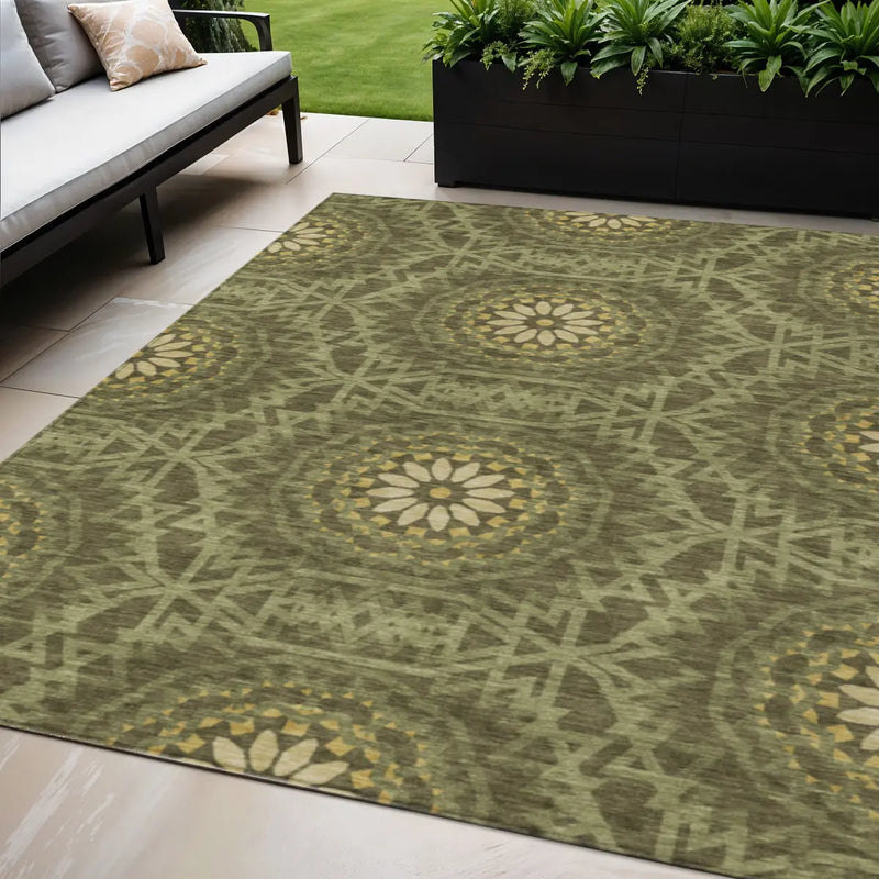 5' X 8' Olive Green Artichoke Green And Gold Floral Medallion Washable Indoor Outdoor Area Rug Homeroots Outdoor