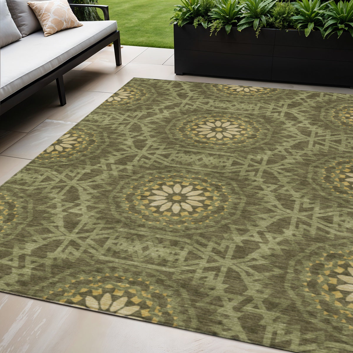 5' X 8' Olive Green Artichoke Green And Gold Floral Medallion Washable Indoor Outdoor Area Rug Homeroots Outdoor