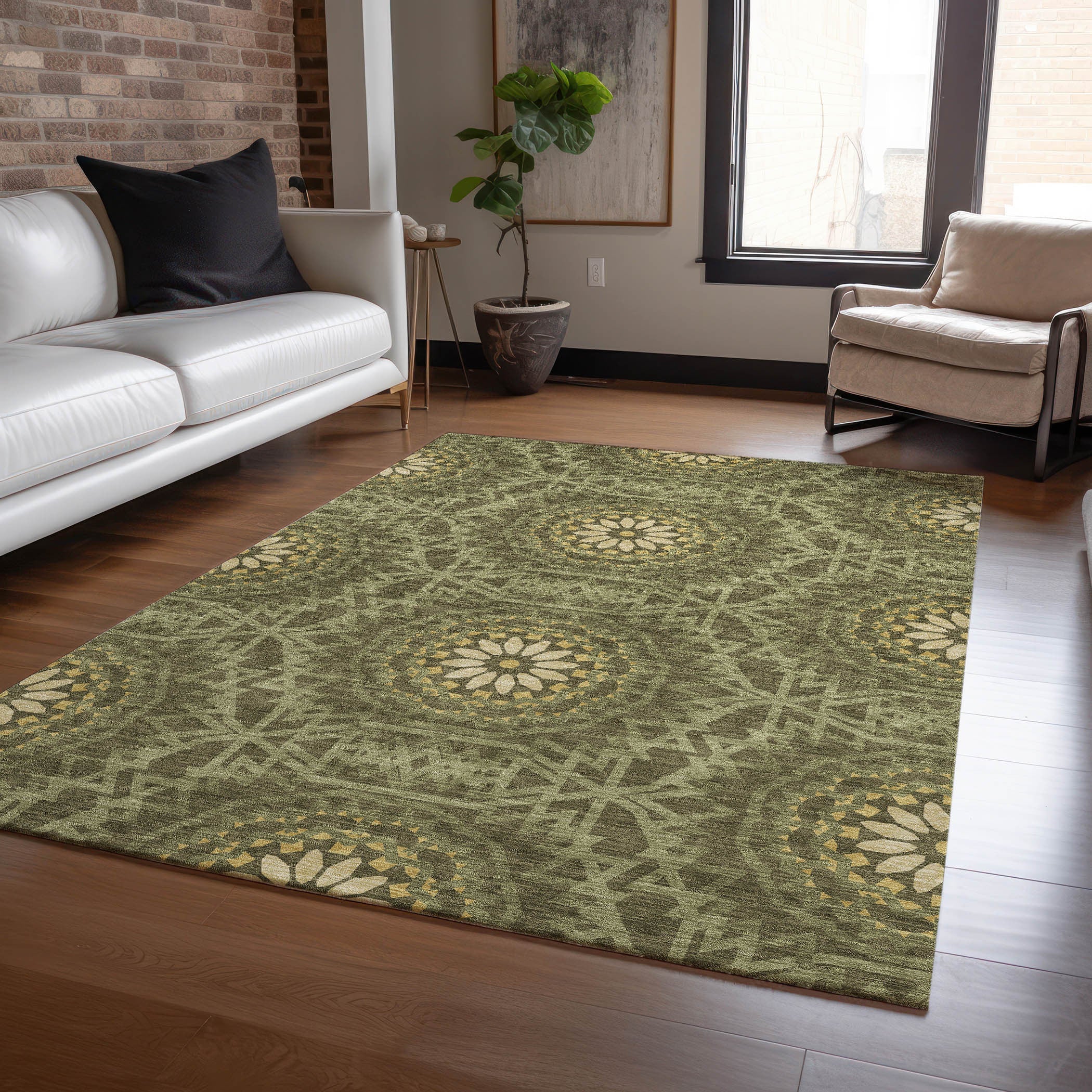 5' X 8' Olive Green Artichoke Green And Gold Floral Medallion Washable Indoor Outdoor Area Rug Homeroots Outdoor