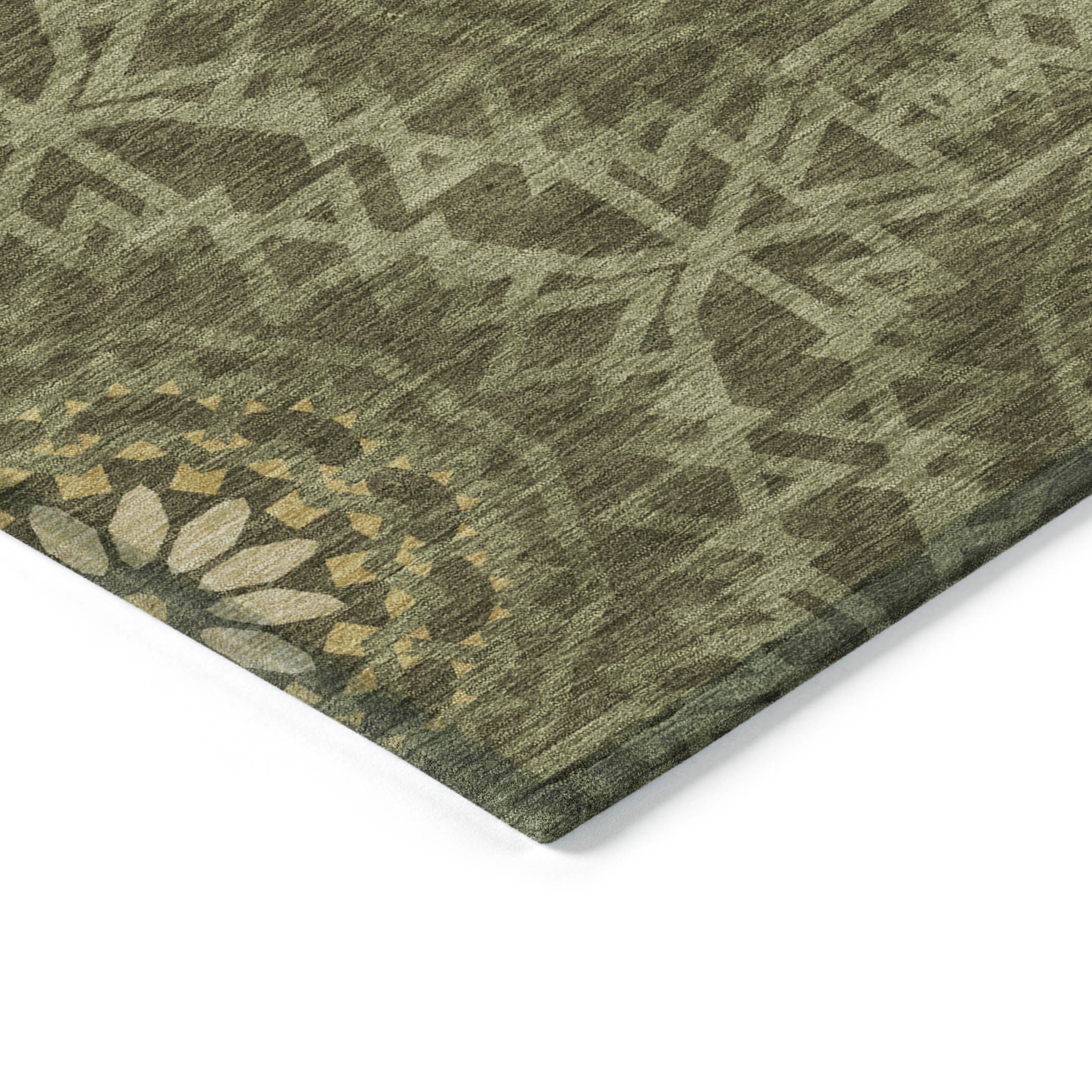 5' X 8' Olive Green Artichoke Green And Gold Floral Medallion Washable Indoor Outdoor Area Rug Homeroots Outdoor