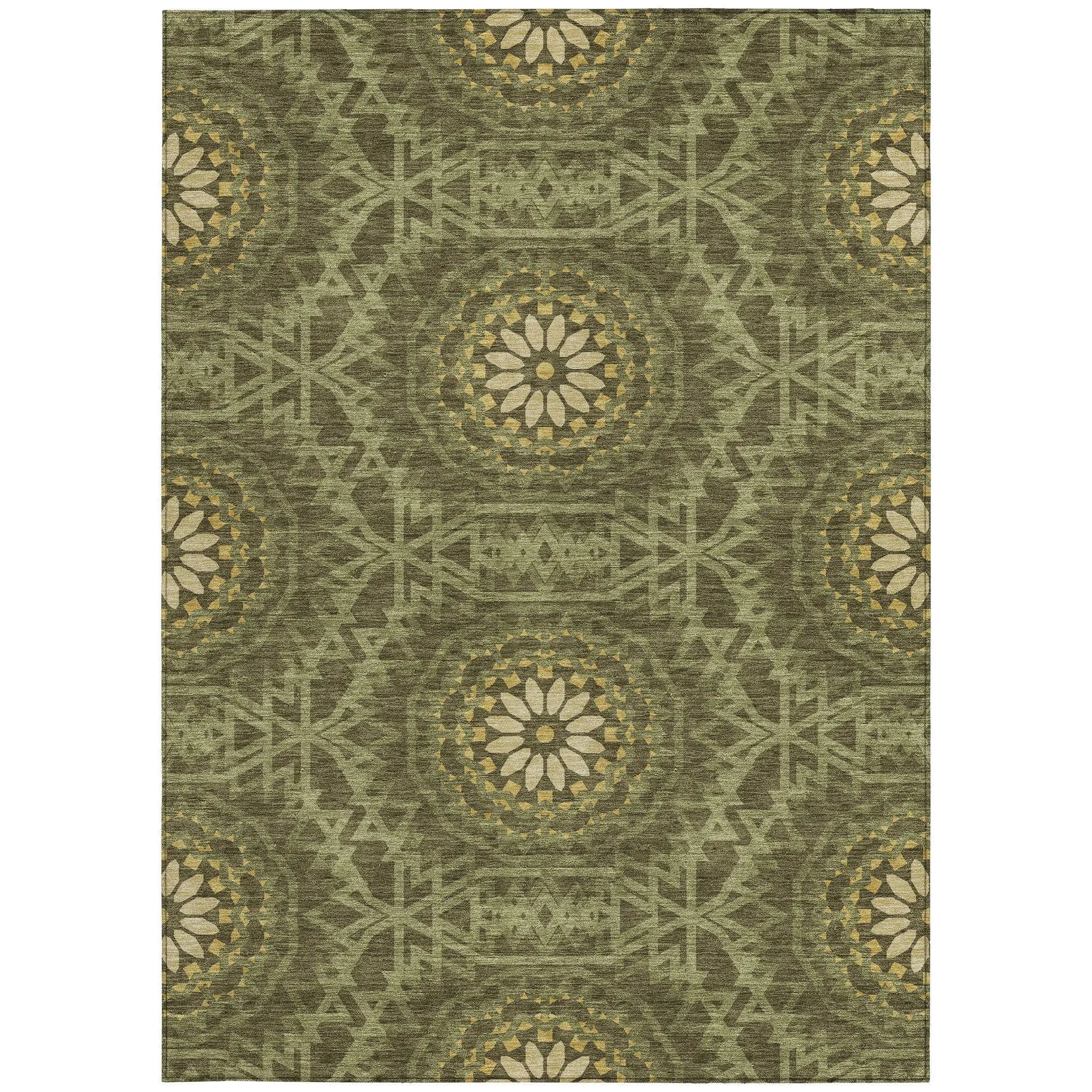5' X 8' Olive Green Artichoke Green And Gold Floral Medallion Washable Indoor Outdoor Area Rug Homeroots Outdoor