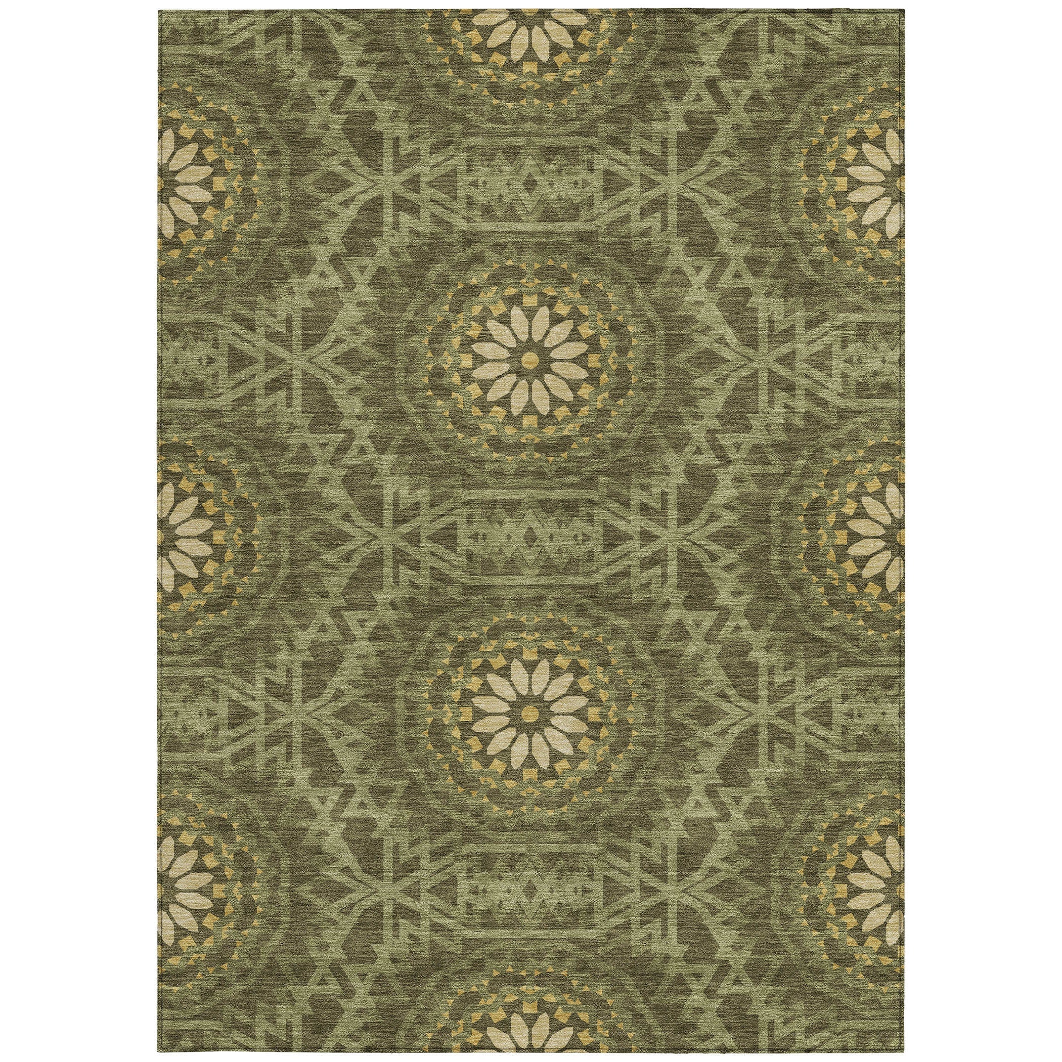 5' X 8' Olive Green Artichoke Green And Gold Floral Medallion Washable Indoor Outdoor Area Rug Homeroots Outdoor