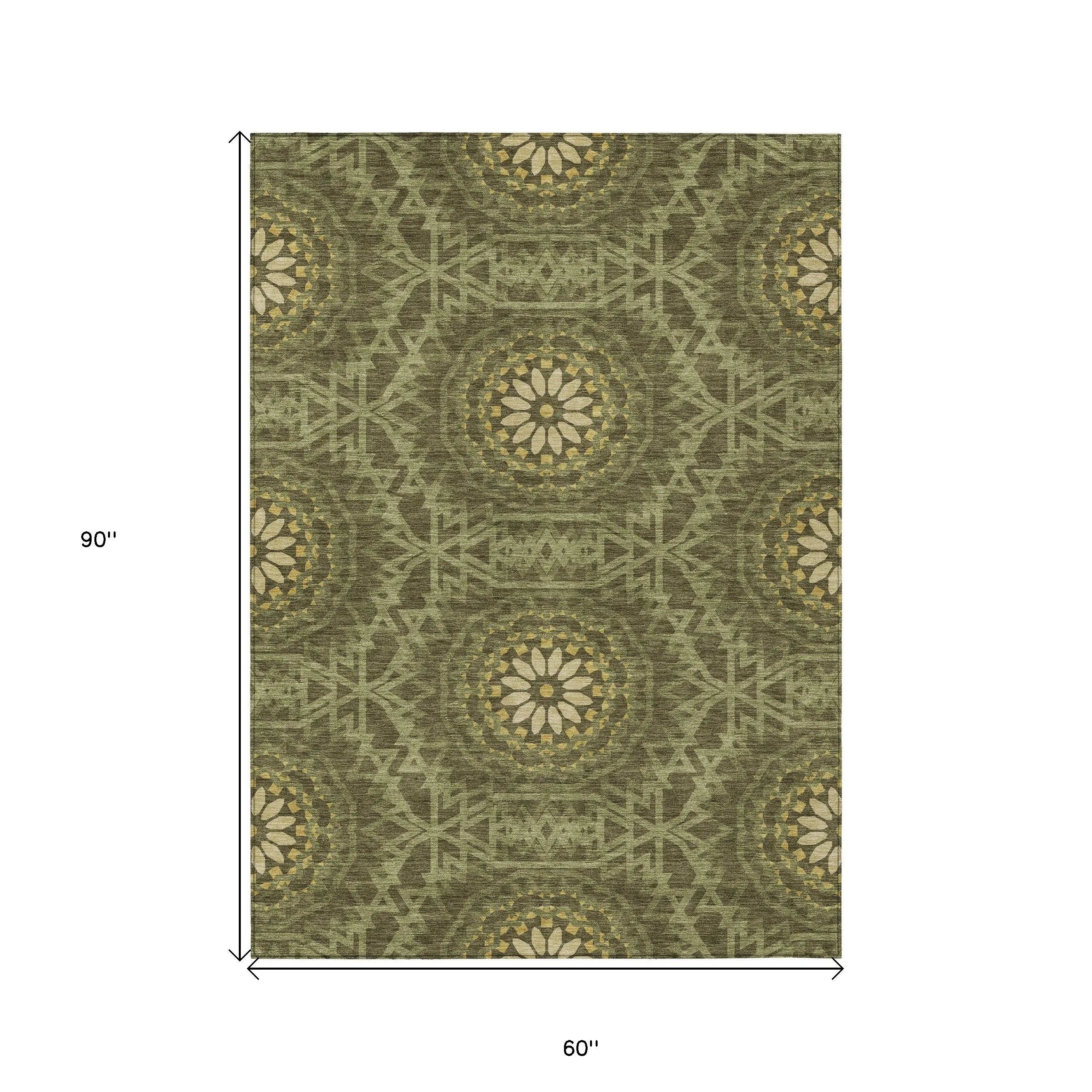 5' X 8' Olive Green Artichoke Green And Gold Floral Medallion Washable Indoor Outdoor Area Rug Homeroots Outdoor