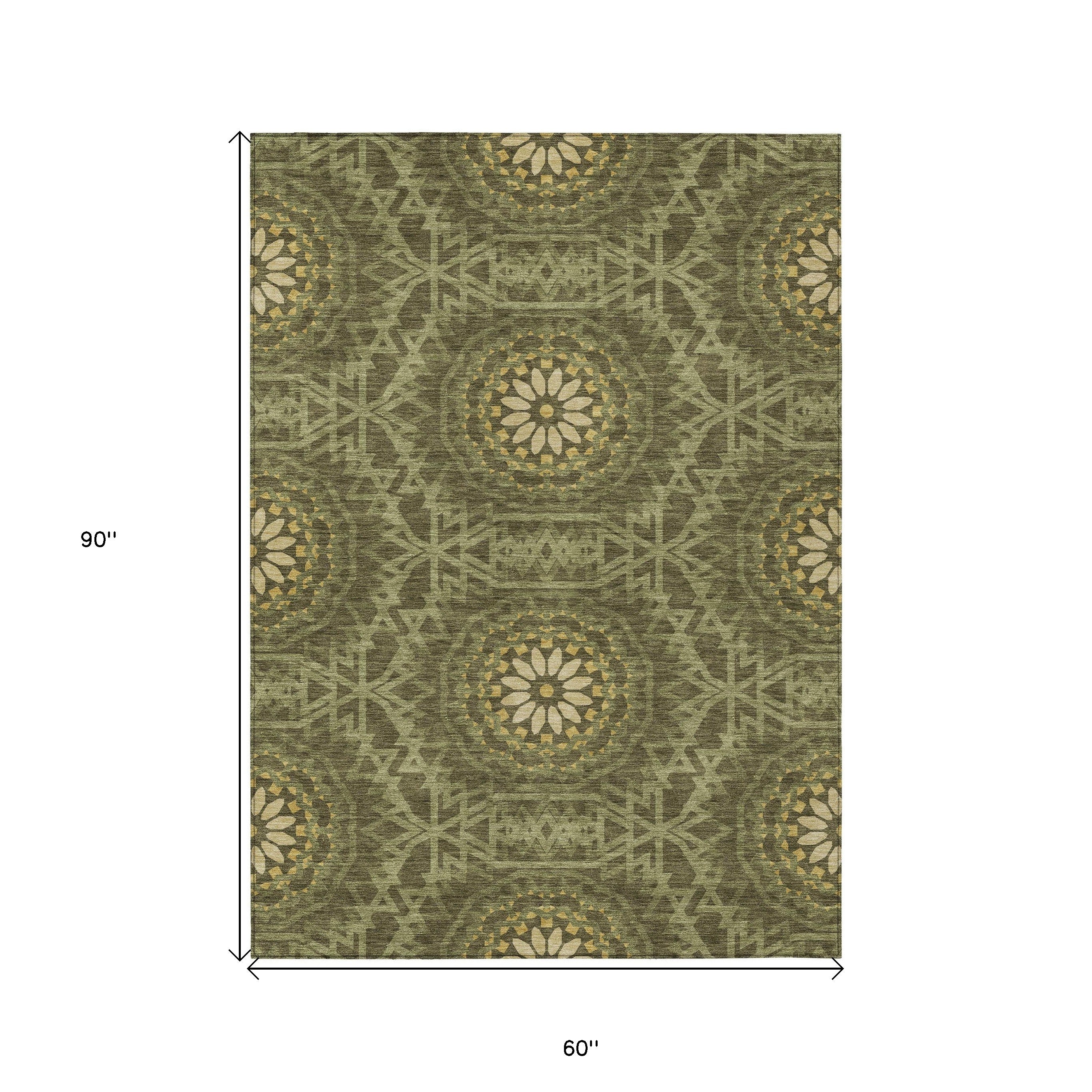 5' X 8' Olive Green Artichoke Green And Gold Floral Medallion Washable Indoor Outdoor Area Rug Homeroots Outdoor