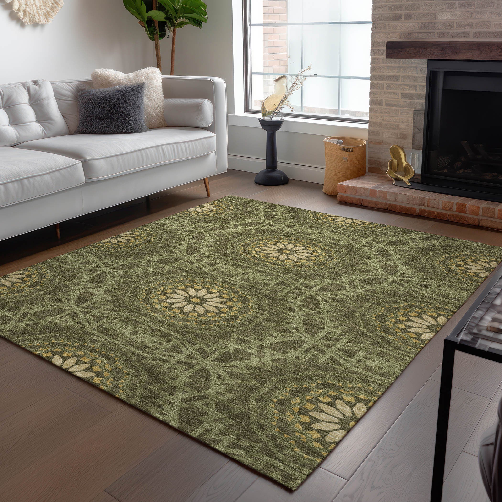 5' X 8' Olive Green Artichoke Green And Gold Floral Medallion Washable Indoor Outdoor Area Rug Homeroots Outdoor