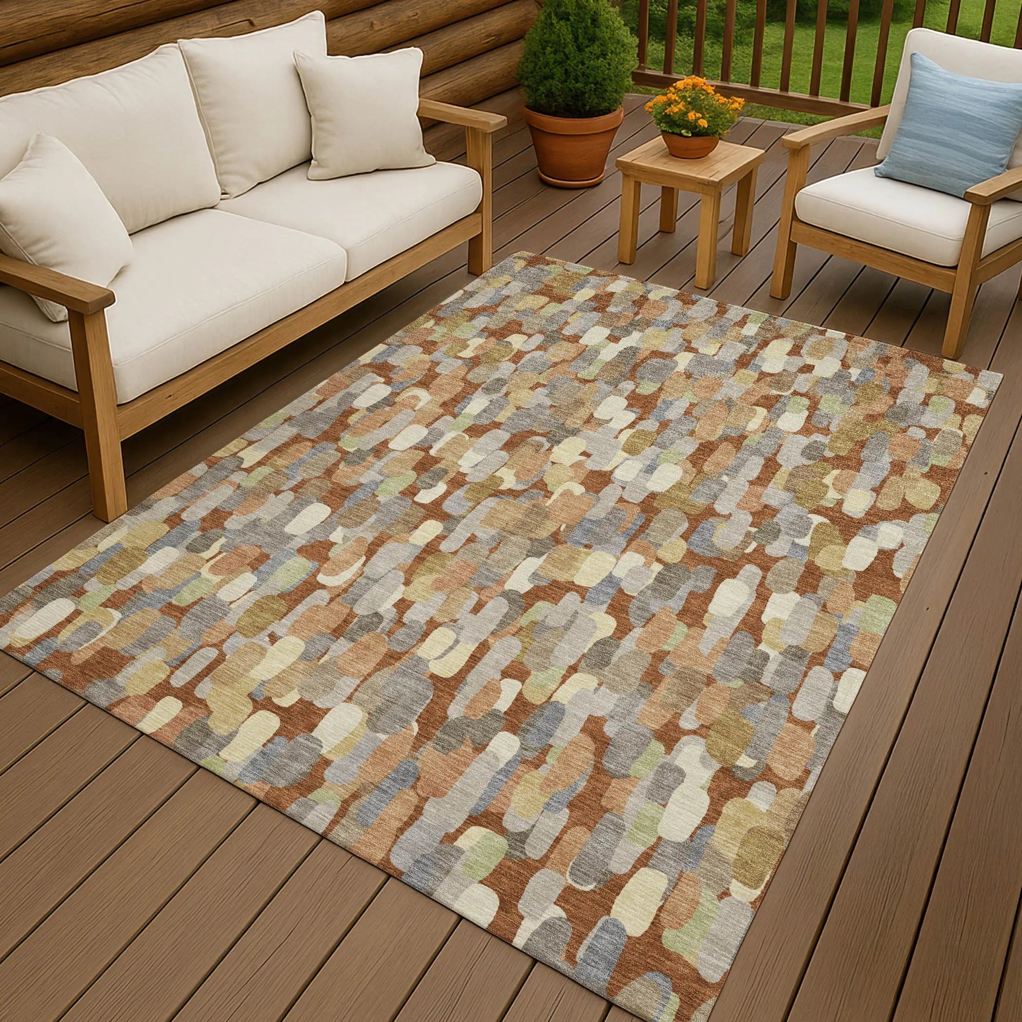 5' X 8' Orange And Beige Abstract Washable Indoor Outdoor Area Rug Homeroots Outdoor