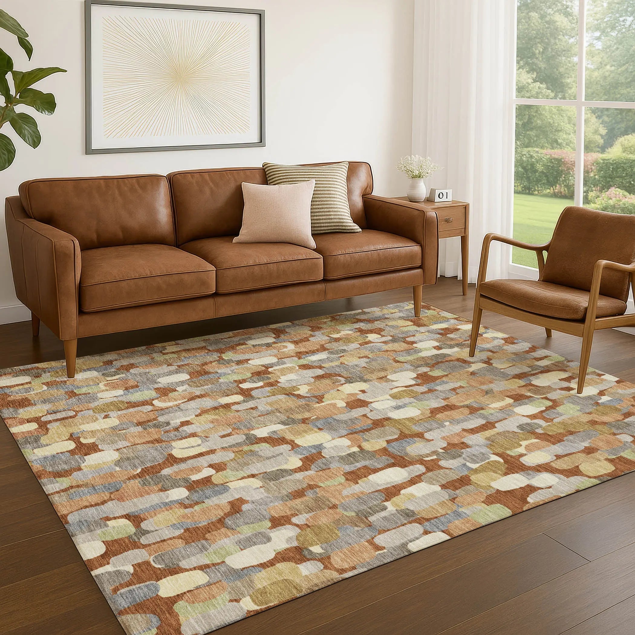 5' X 8' Orange And Beige Abstract Washable Indoor Outdoor Area Rug Homeroots Outdoor